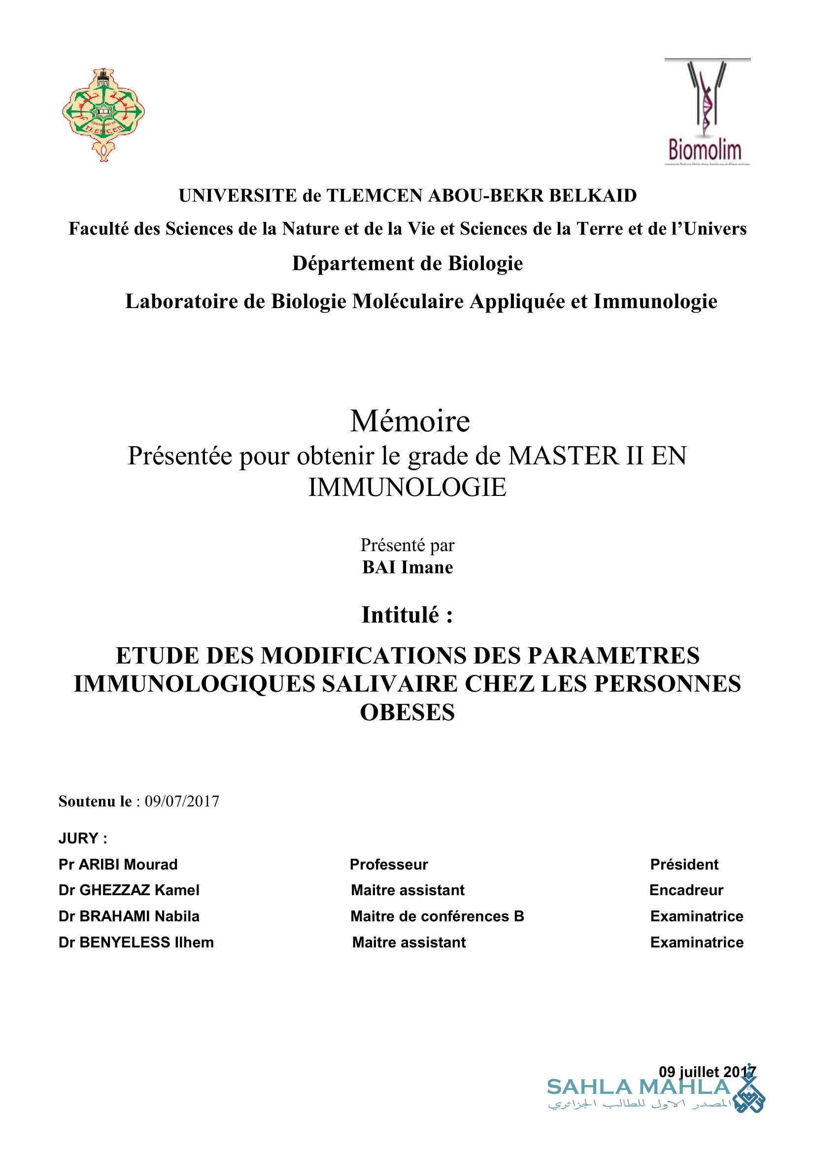 ETUDE DES MODIFICATIONS DES PARAMETRES IMMUNOLOGIQUES SALIVAIRE CHEZ LES PERSONNES OBESES