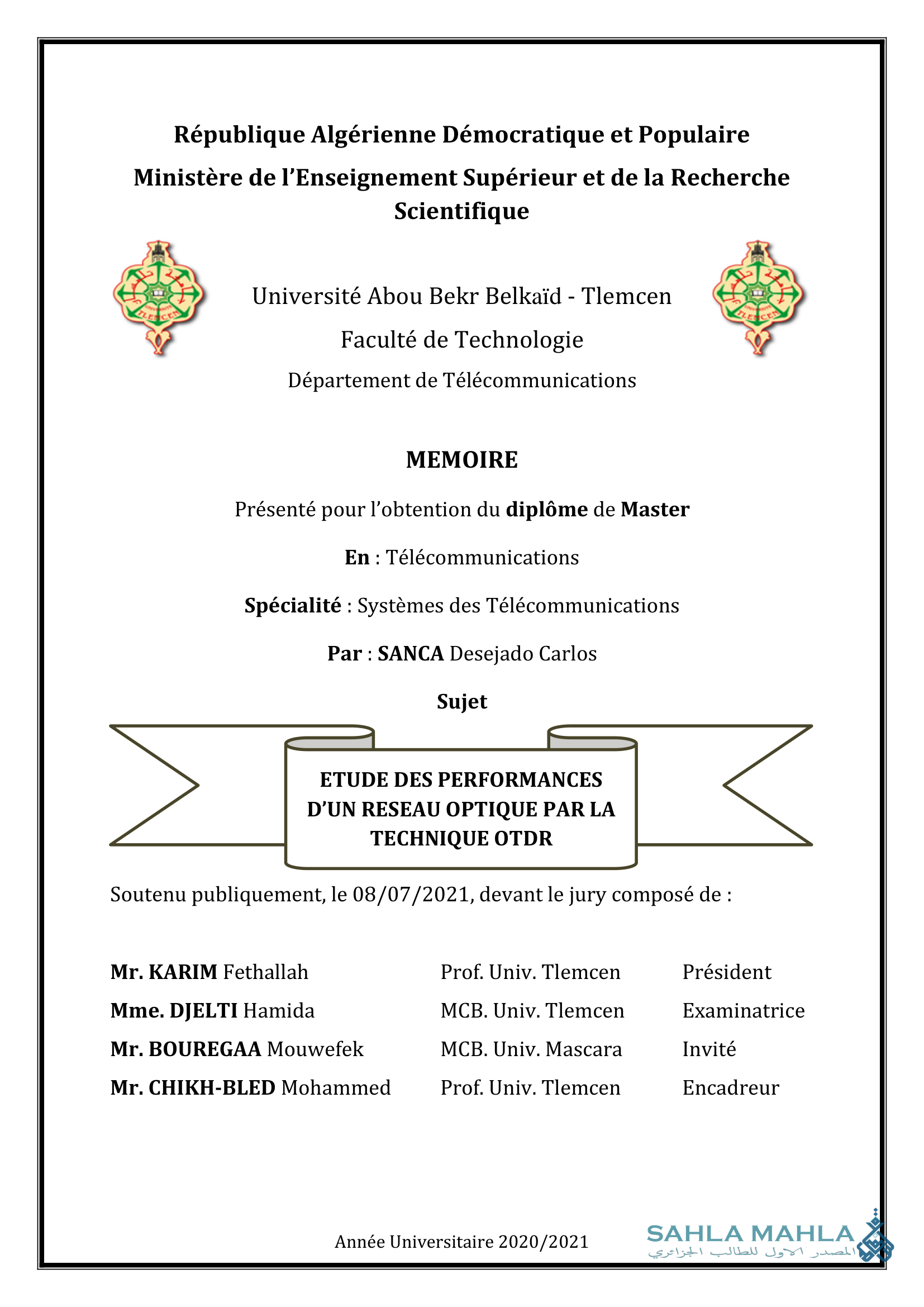 ETUDE DES PERFORMANCES D'UN RESEAU OPTIQUE PAR LA TECHNIQUE OTDR