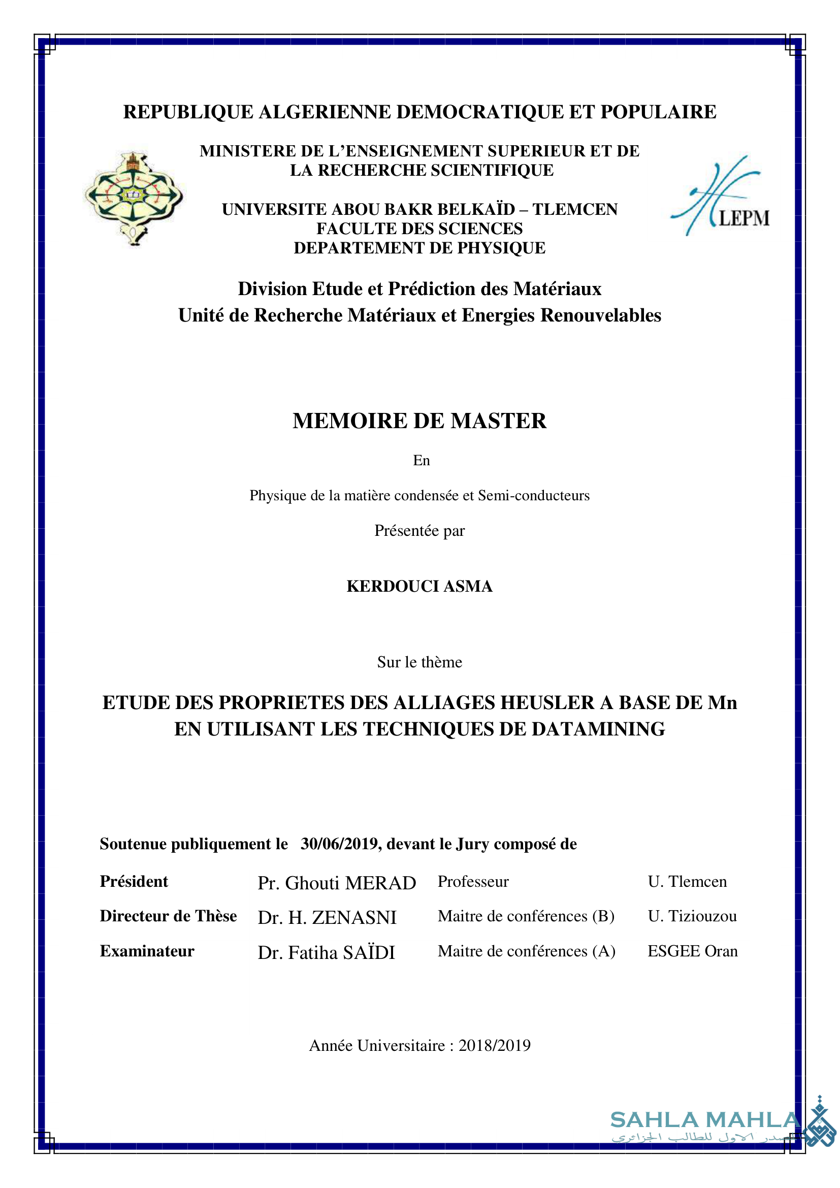 ETUDE DES PROPRIETES DES ALLIAGES HEUSLER A BASE DE Mn EN UTILISANT LES TECHNIQUES DE DATAMINING