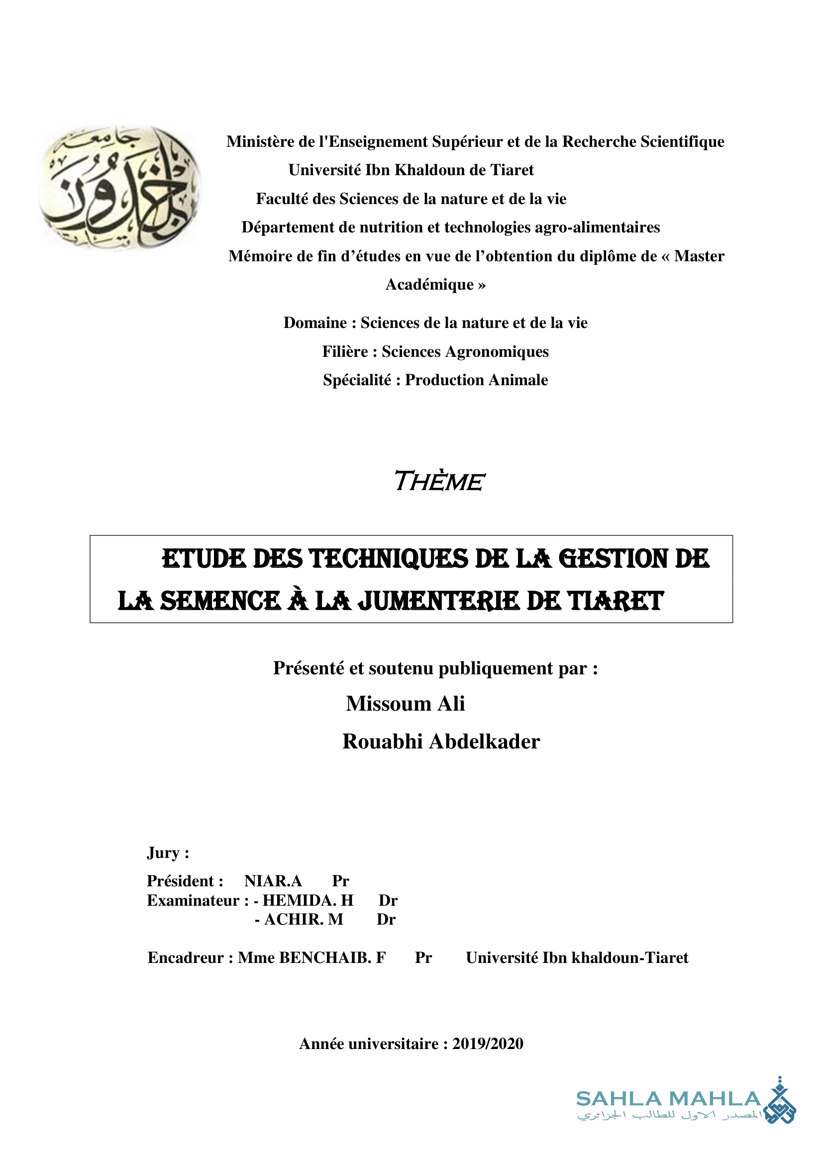 ETUDE DES TECHNIQUES DE LA GESTION DE LA SEMENCE À LA JUMENTERIE DE TIARET