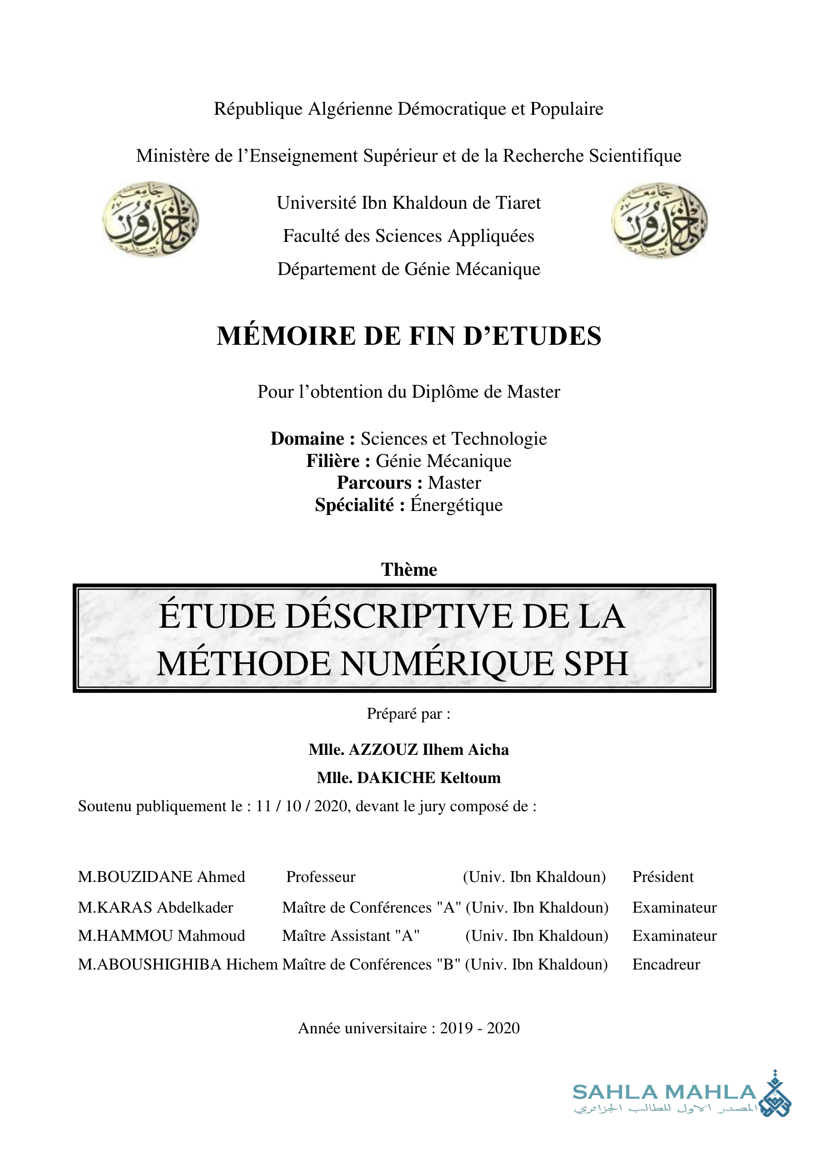 ÉTUDE DÉSCRIPTIVE DE LA MÉTHODE NUMÉRIQUE SPH