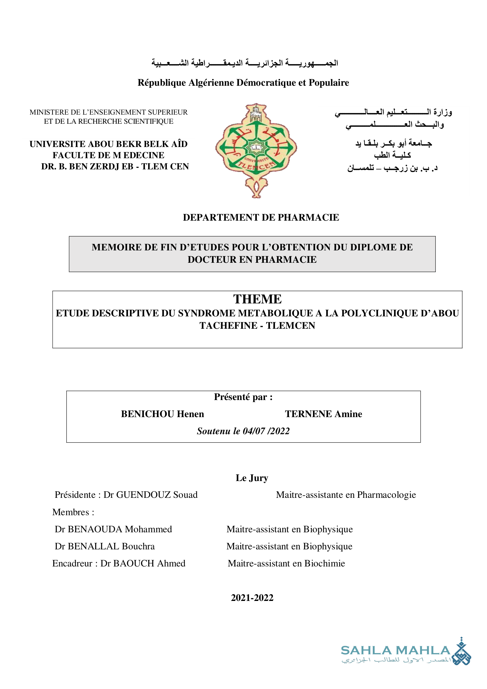 ETUDE DESCRIPTIVE DU SYNDROME METABOLIQUE A LA POLYCLINIQUE D'ABOU TACHEFINE - TLEMCEN