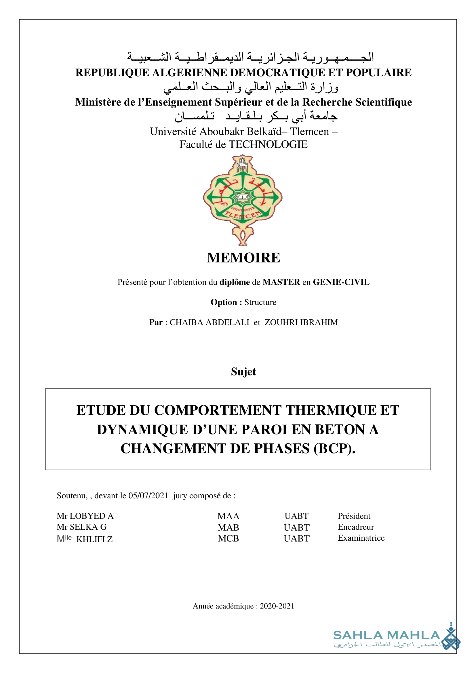 ETUDE DU COMPORTEMENT THERMIQUE ET DYNAMIQUE D'UNE PAROI EN BETON A CHANGEMENT DE PHASES (BCP)