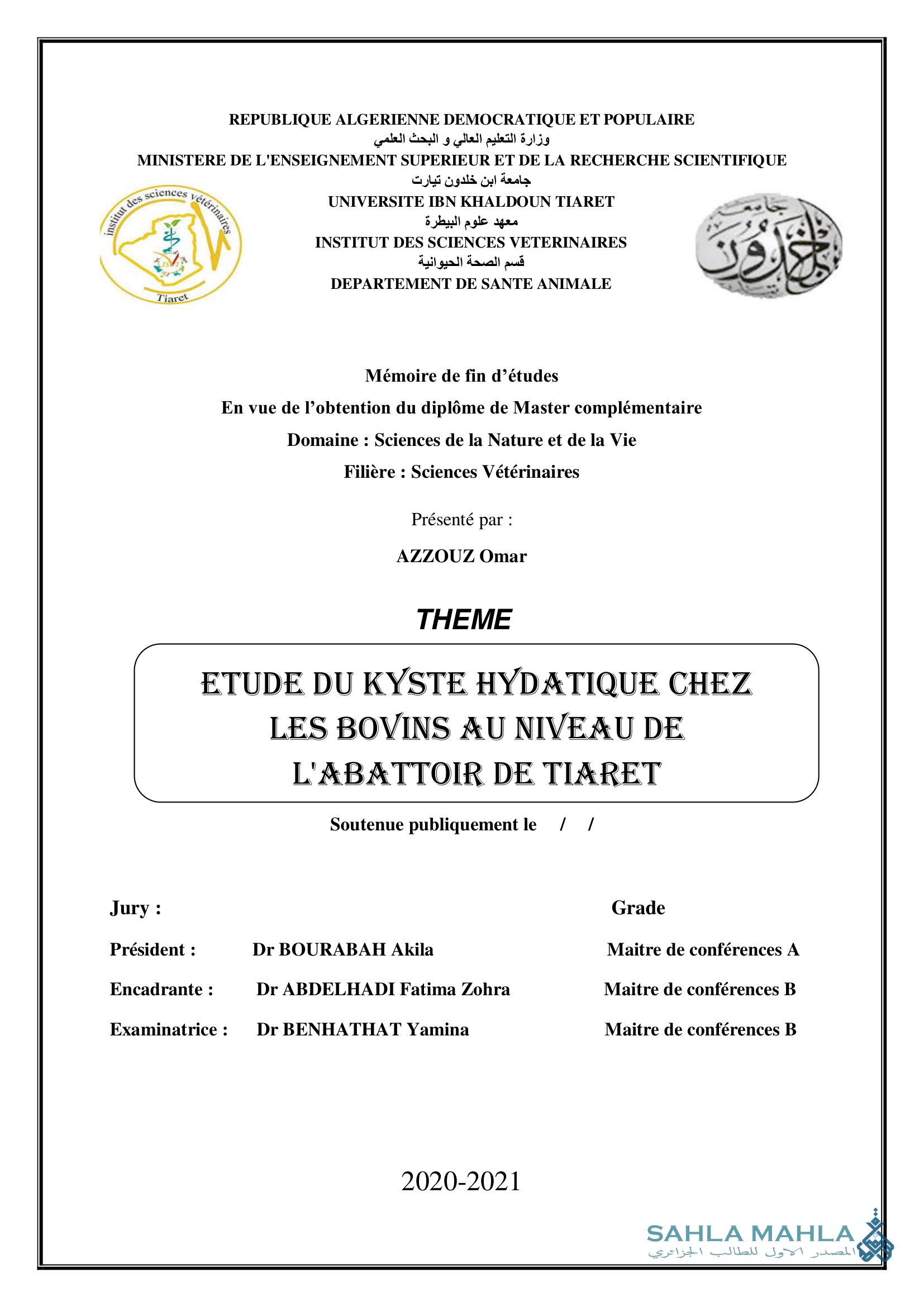 ETUDE DU KYSTE HYDATIQUE CHEZ LES BOVINS AU NIVEAU DE L'ABATTOIR DE TIARET