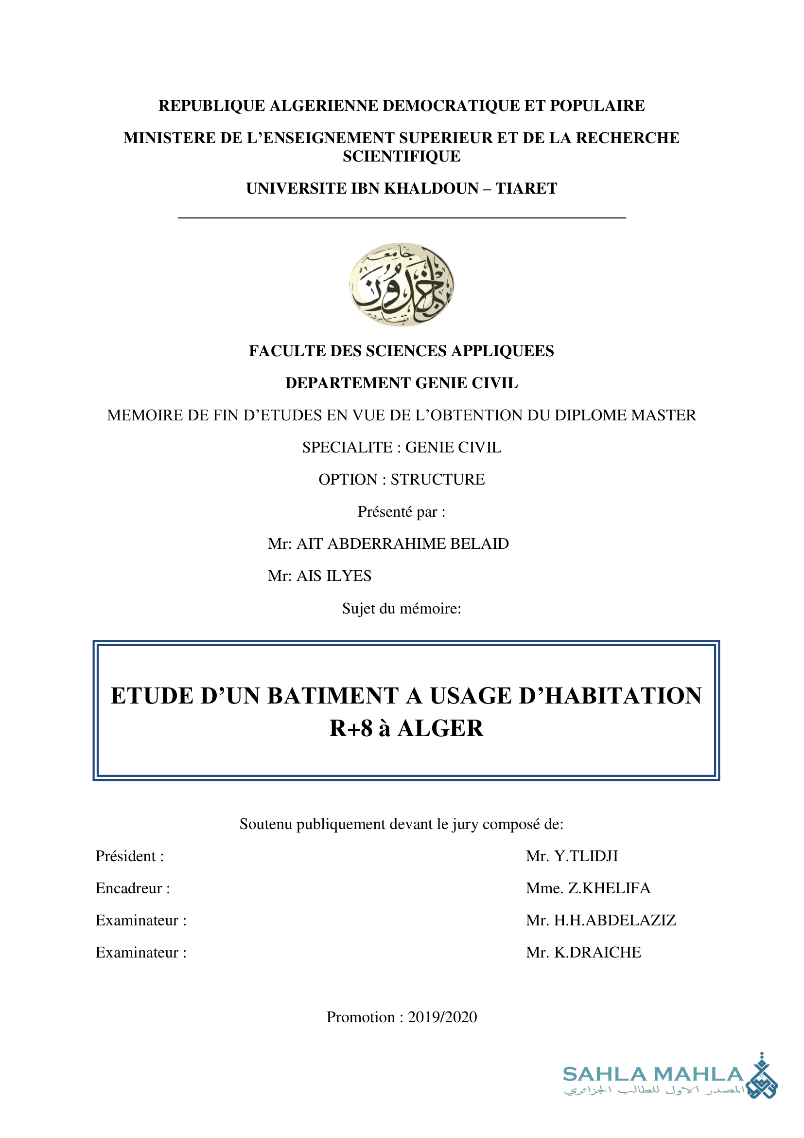 ETUDE D'UN BATIMENT A USAGE D'HABITATION R+8 à ALGER