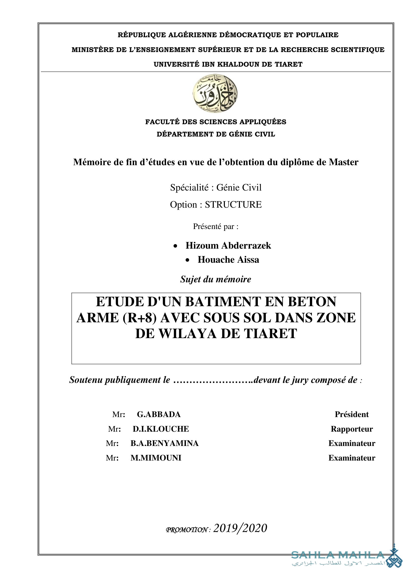 ETUDE D'UN BATIMENT EN BETON ARME (R+8) AVEC SOUS SOL DANS ZONE DE WILAYA DE TIARET