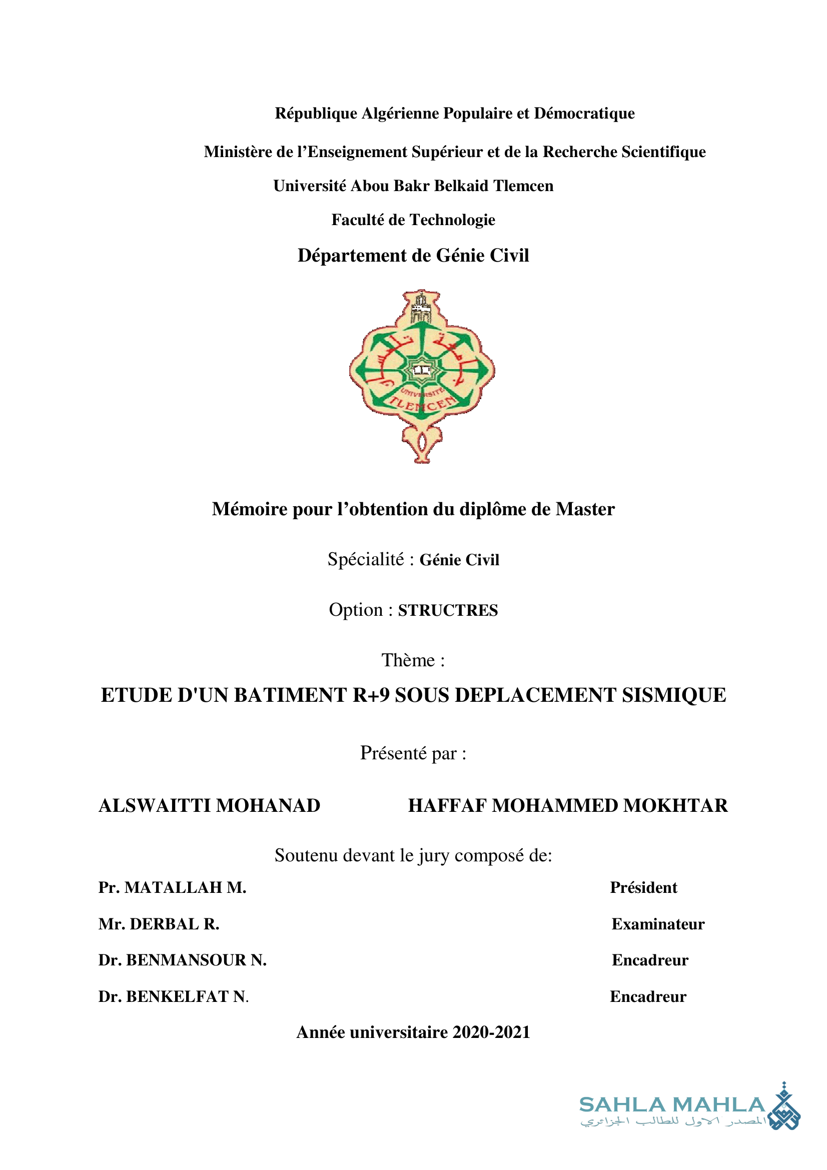 ETUDE D'UN BATIMENT R+9 SOUS DEPLACEMENT SISMIQUE