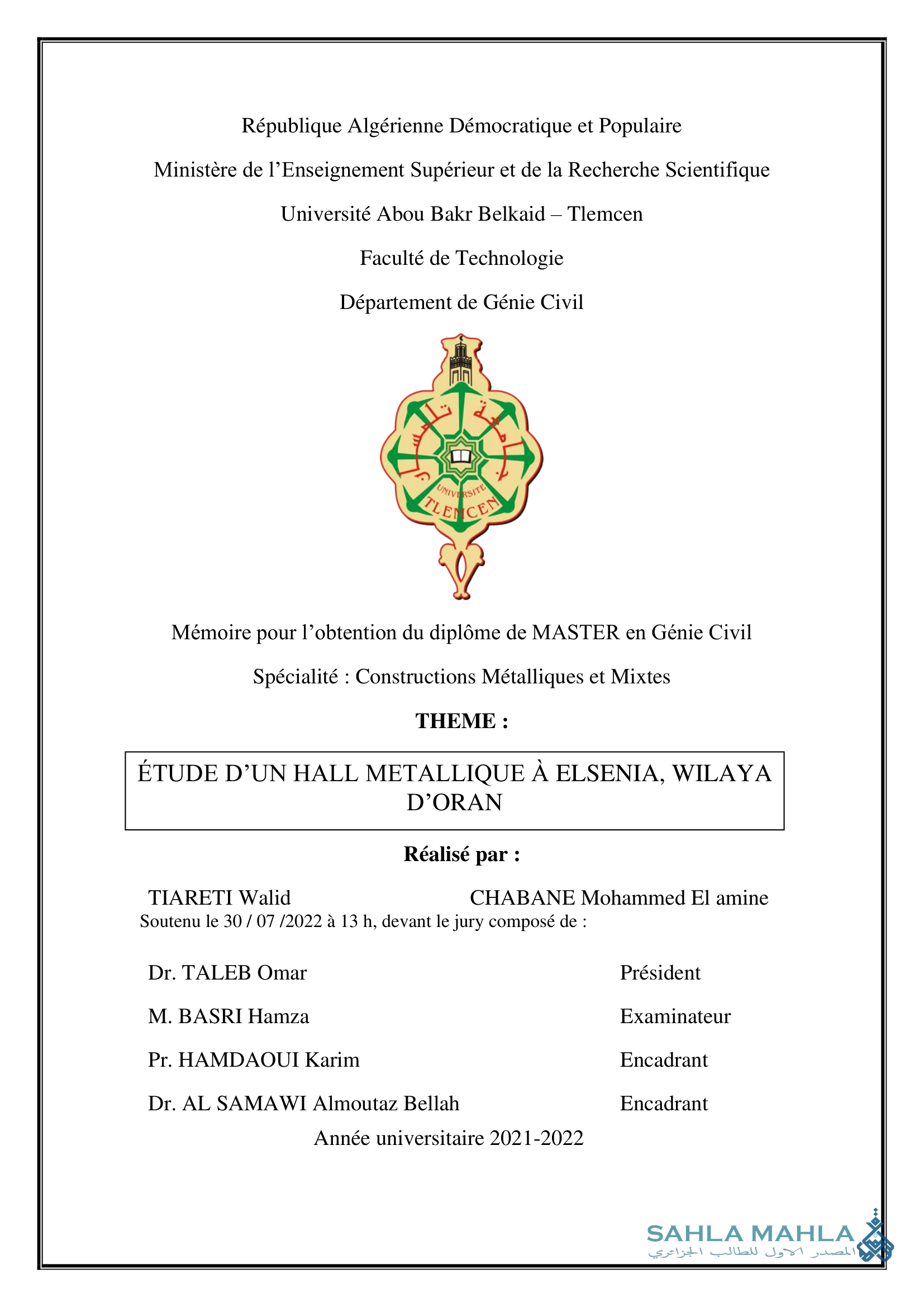 ÉTUDE D'UN HALL METALLIQUE À ELSENIA, WILAYA D'ORAN