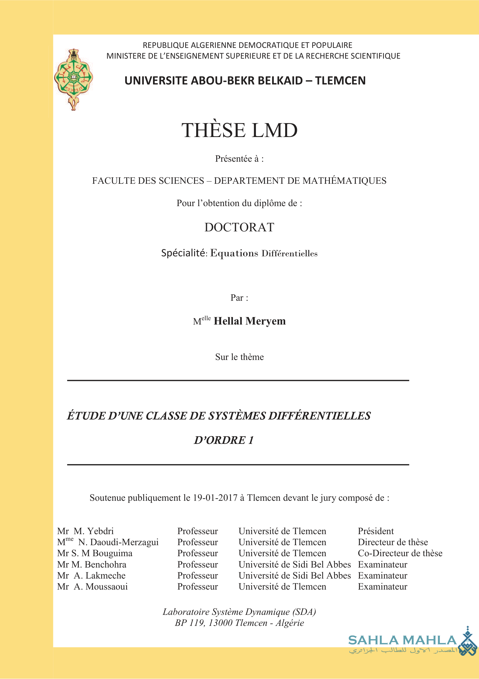 ÉTUDE D'UNE CLASSE DE SYSTÈMES DIFFÉRENTIELLES D'ORDRE 1