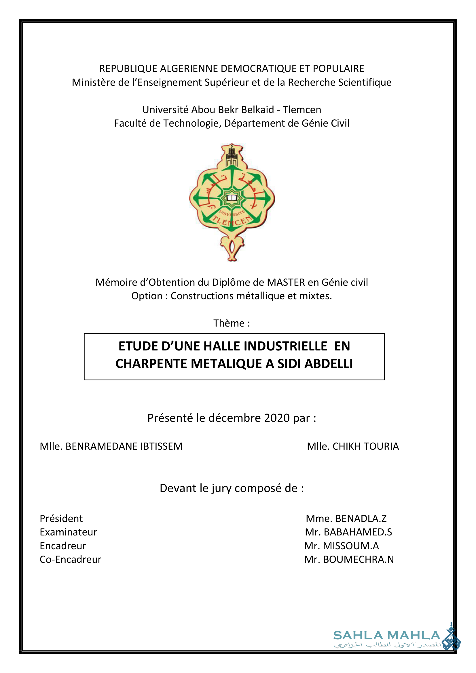 ETUDE D'UNE HALLE INDUSTRIELLE EN CHARPENTE METALIQUE A SIDI ABDELLI
