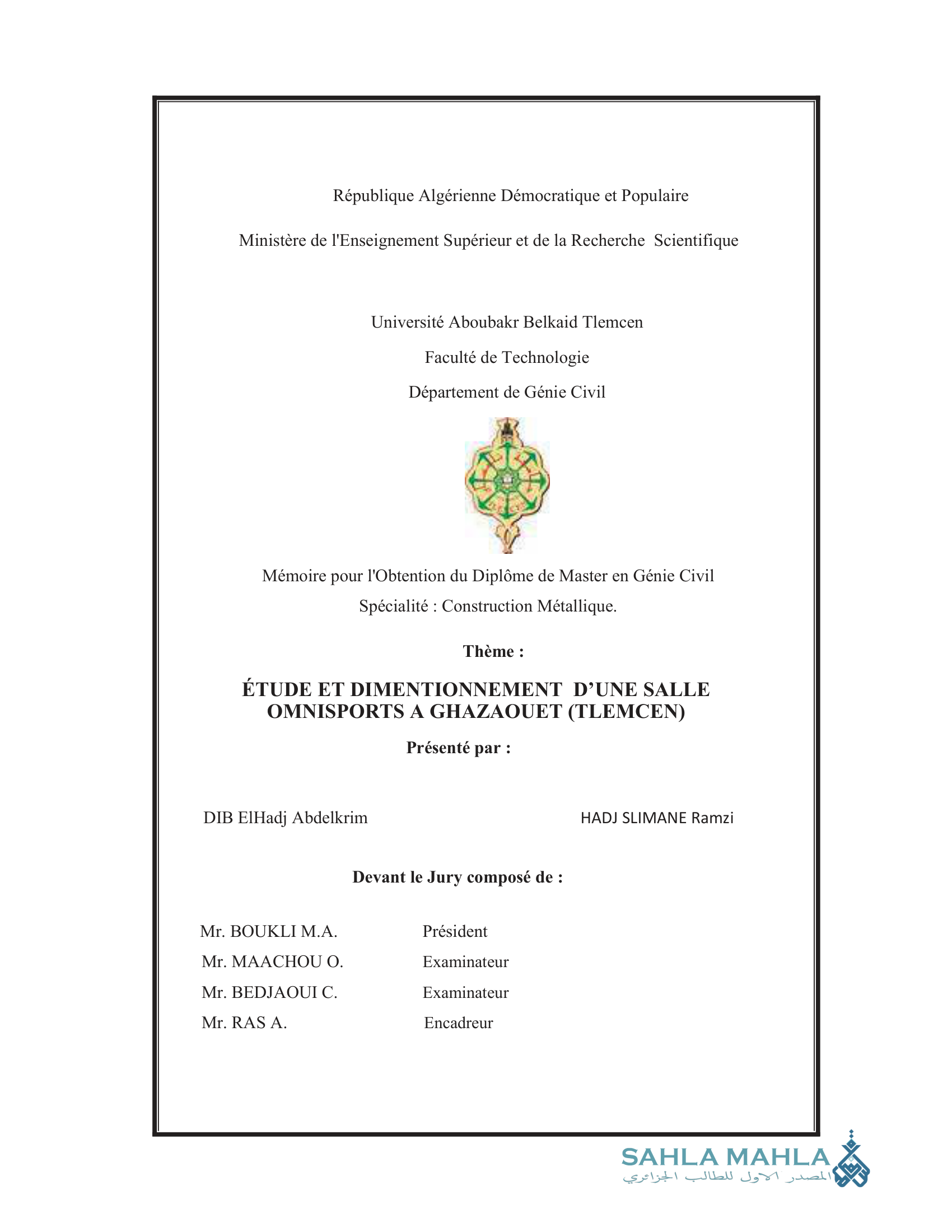 ÉTUDE ET DIMENTIONNEMENT D'UNE SALLE OMNISPORTS A GHAZAOUET (TLEMCEN)