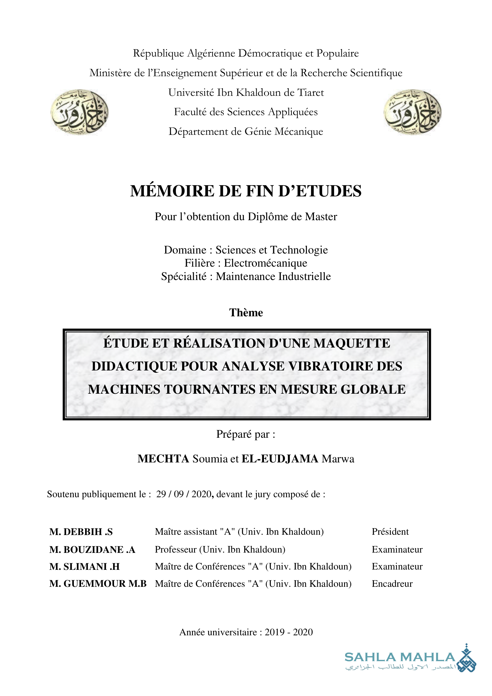 ÉTUDE ET RÉALISATION D'UNE MAQUETTE DIDACTIQUE POUR ANALYSE VIBRATOIRE DES MACHINES TOURNANTES EN MESURE GLOBALE