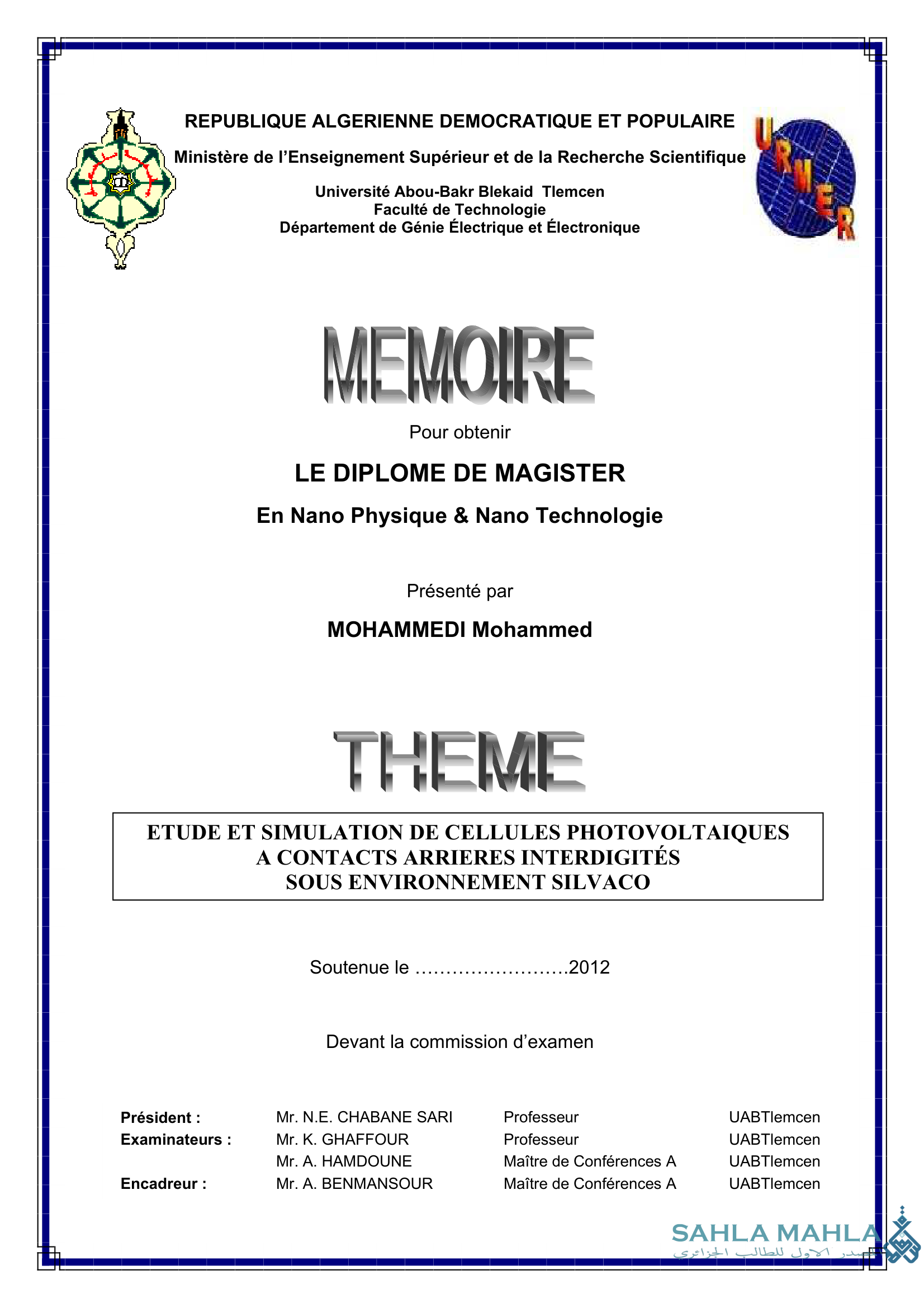 ETUDE ET SIMULATION DE CELLULES PHOTOVOLTAIQUES A CONTACTS ARRIERES INTERDIGITÉS SOUS ENVIRONNEMENT SILVACO