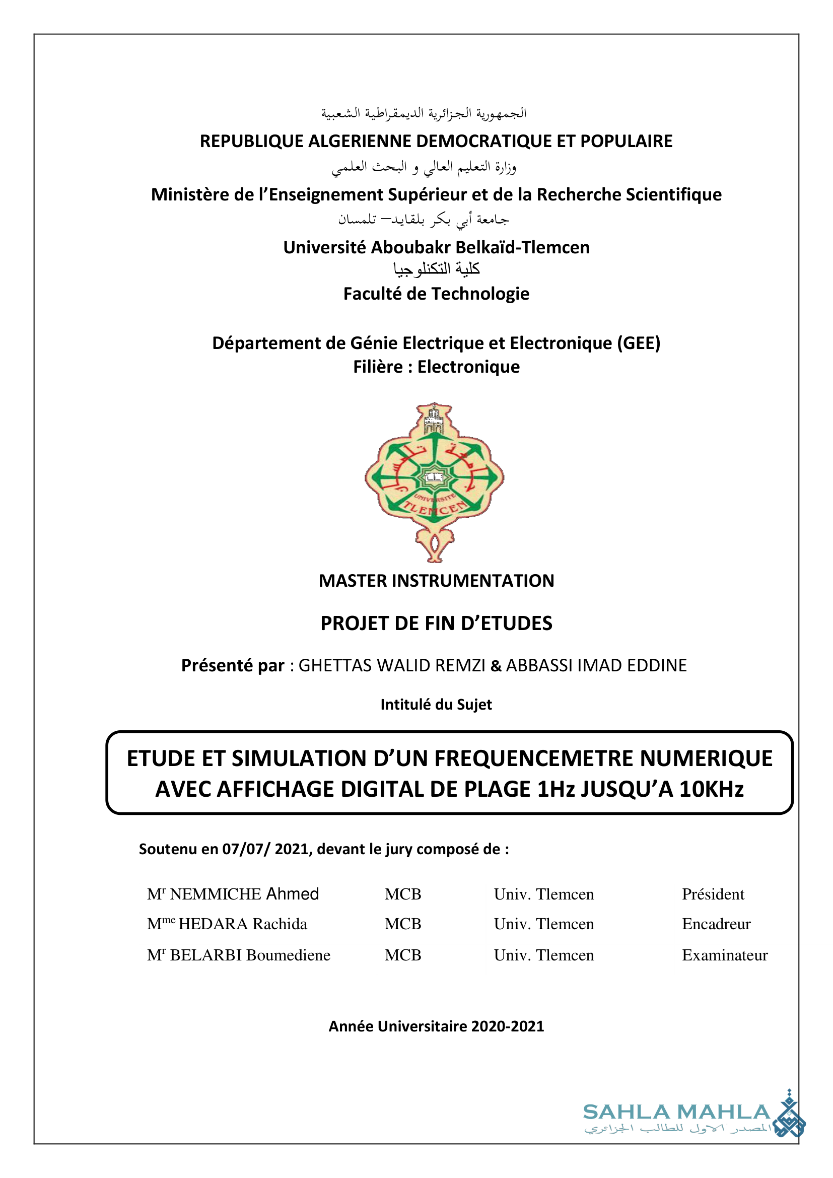 ETUDE ET SIMULATION D'UN FREQUENCEMETRE NUMERIQUE AVEC AFFICHAGE DIGITAL DE PLAGE 1Hz JUSQU'A 10KHz