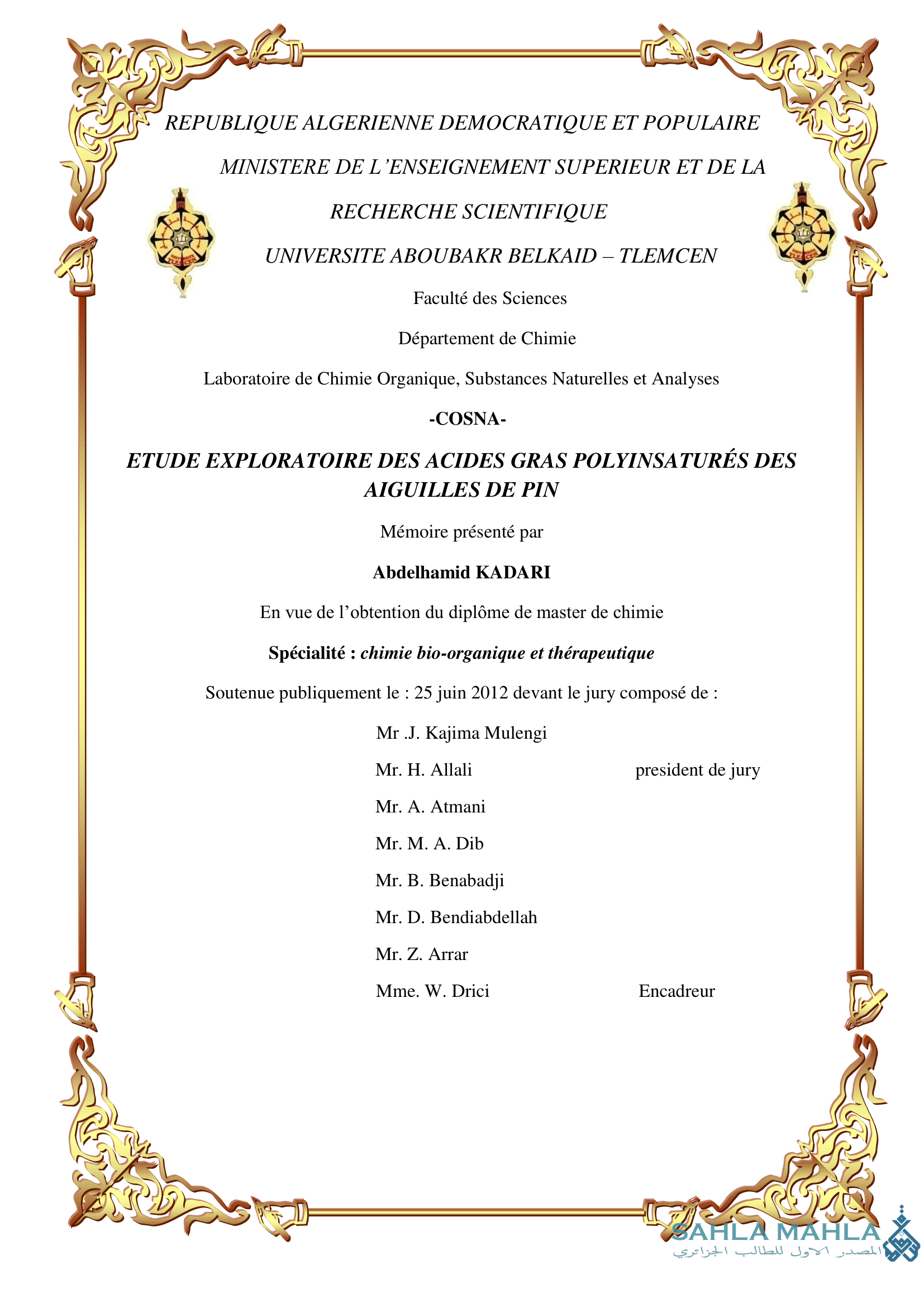 ETUDE EXPLORATOIRE DES ACIDES GRAS POLYINSATURÉS DES AIGUILLES DE PIN