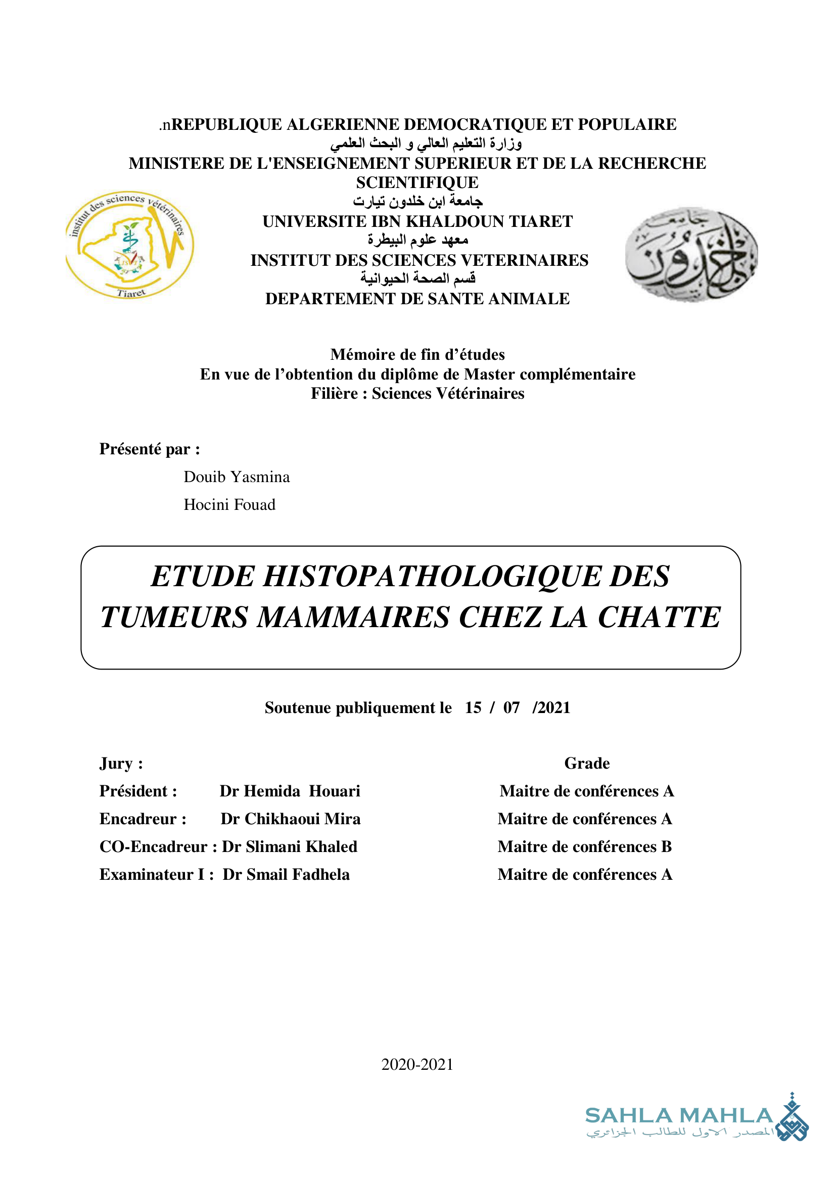 ETUDE HISTOPATHOLOGIQUE DES TUMEURS MAMMAIRES CHEZ LA CHATTE