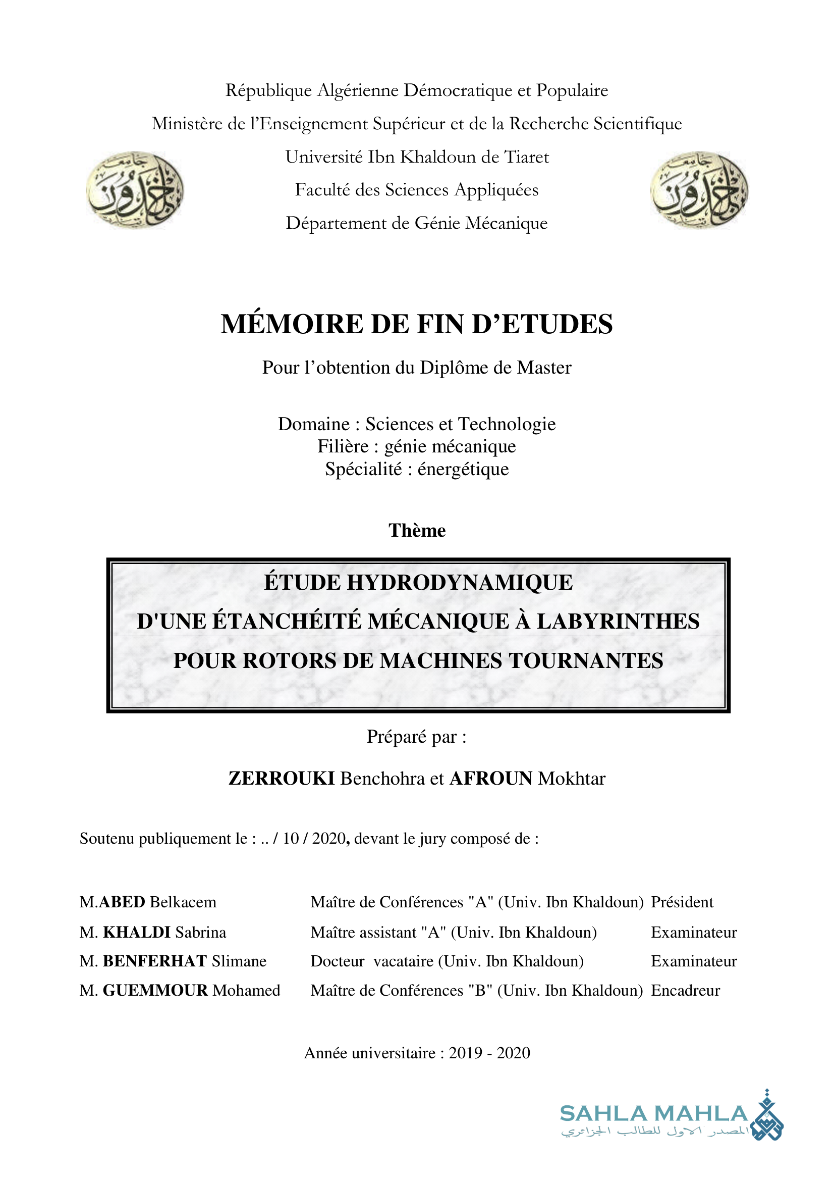 ÉTUDE HYDRODYNAMIQUE D'UNE ÉTANCHÉITÉ MÉCANIQUE À LABYRINTHES POUR ROTORS DE MACHINES TOURNANTES