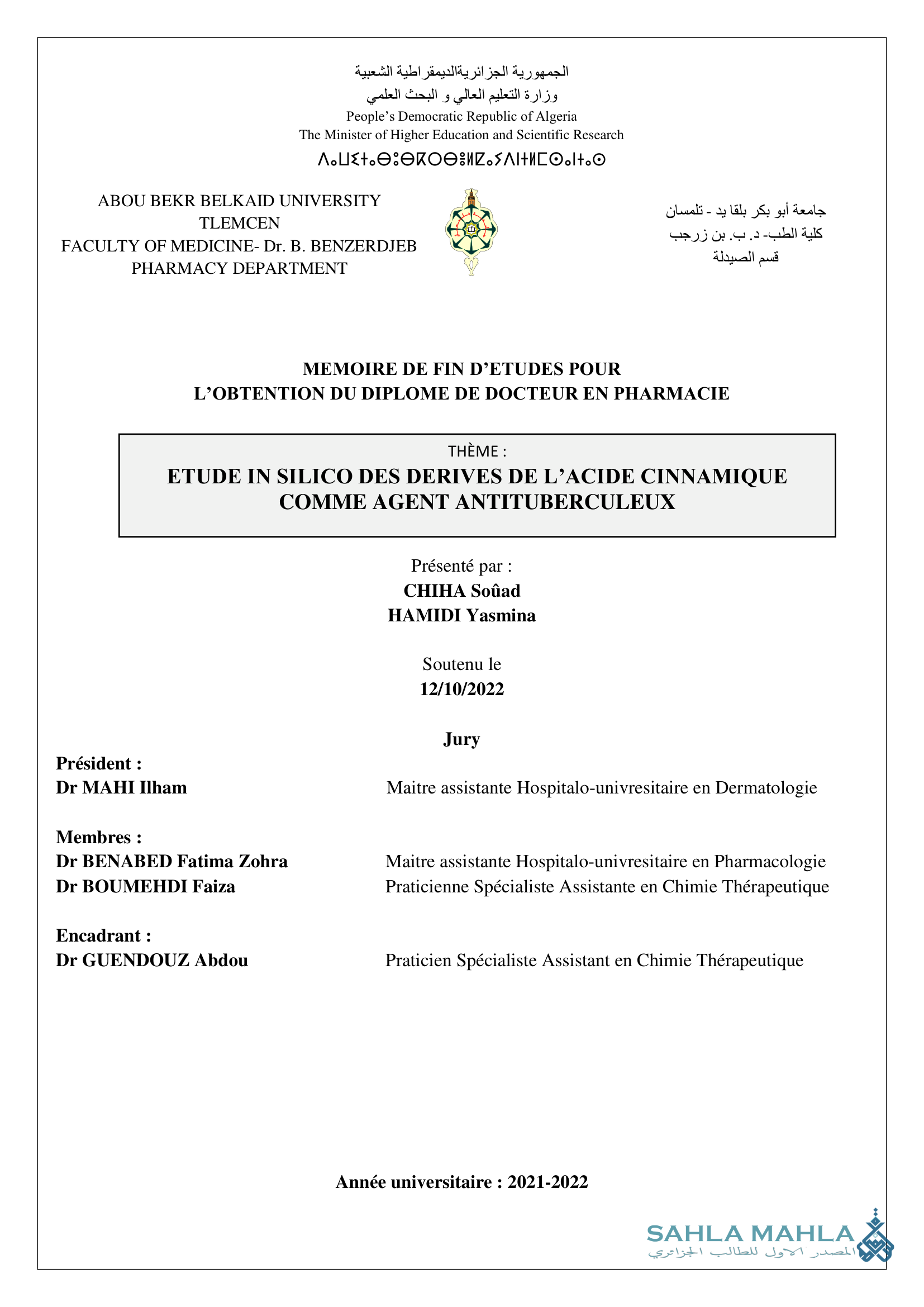 ETUDE IN SILICO DES DERIVES DE L'ACIDE CINNAMIQUE COMME AGENT ANTITUBERCULEUX