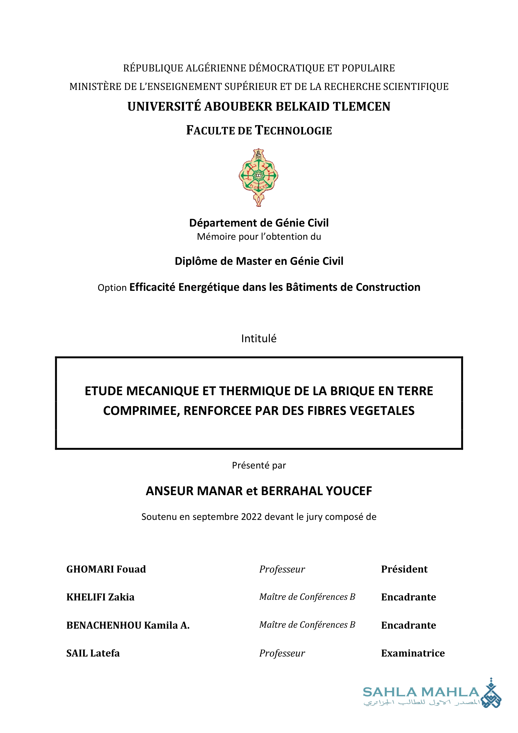 ETUDE MECANIQUE ET THERMIQUE DE LA BRIQUE EN TERRE COMPRIMEE, RENFORCEE PAR DES FIBRES VEGETALES