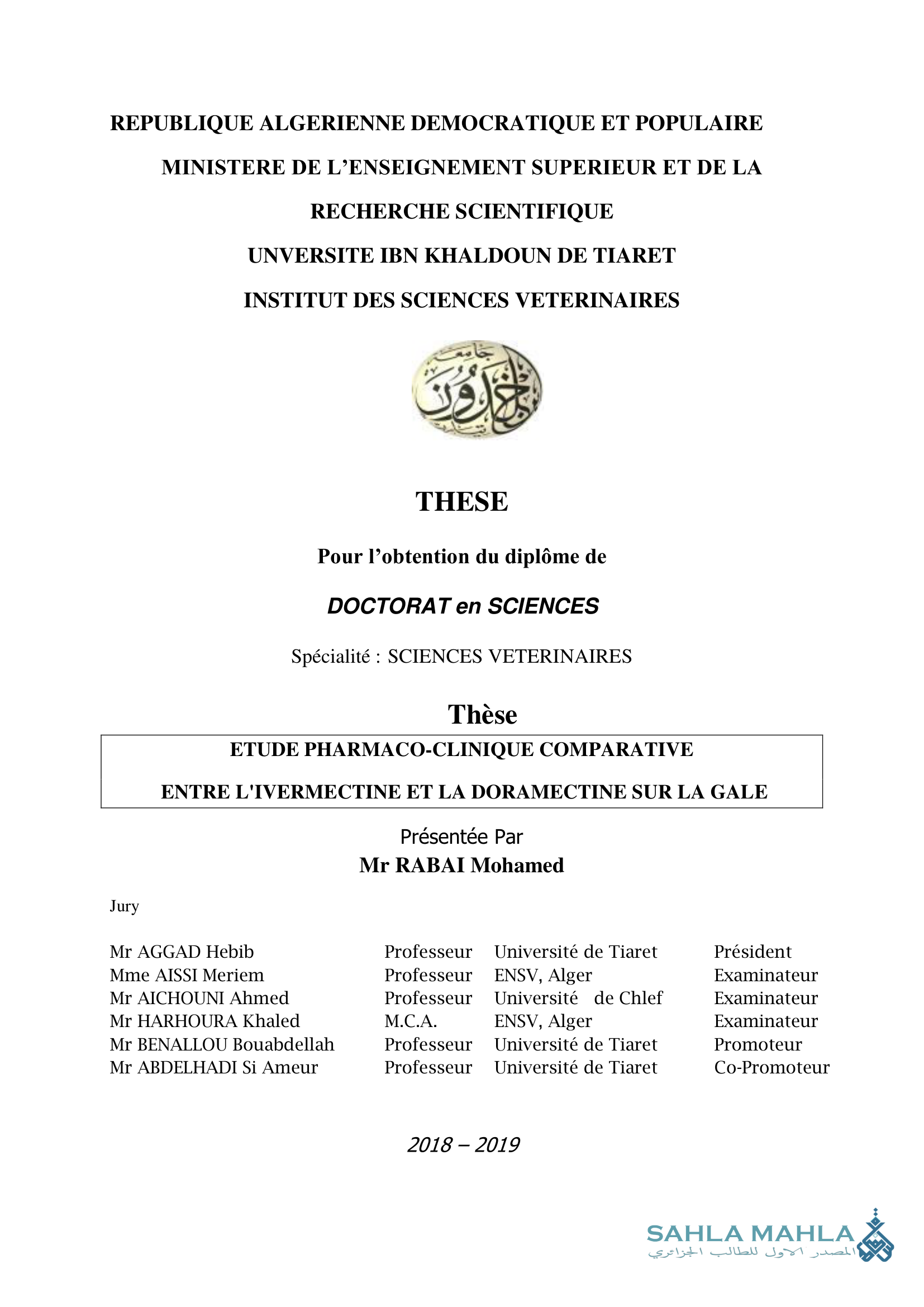 ETUDE PHARMACO-CLINIQUE COMPARATIVE ENTRE L'IVERMECTINE ET LA DORAMECTINE SUR LA GALE