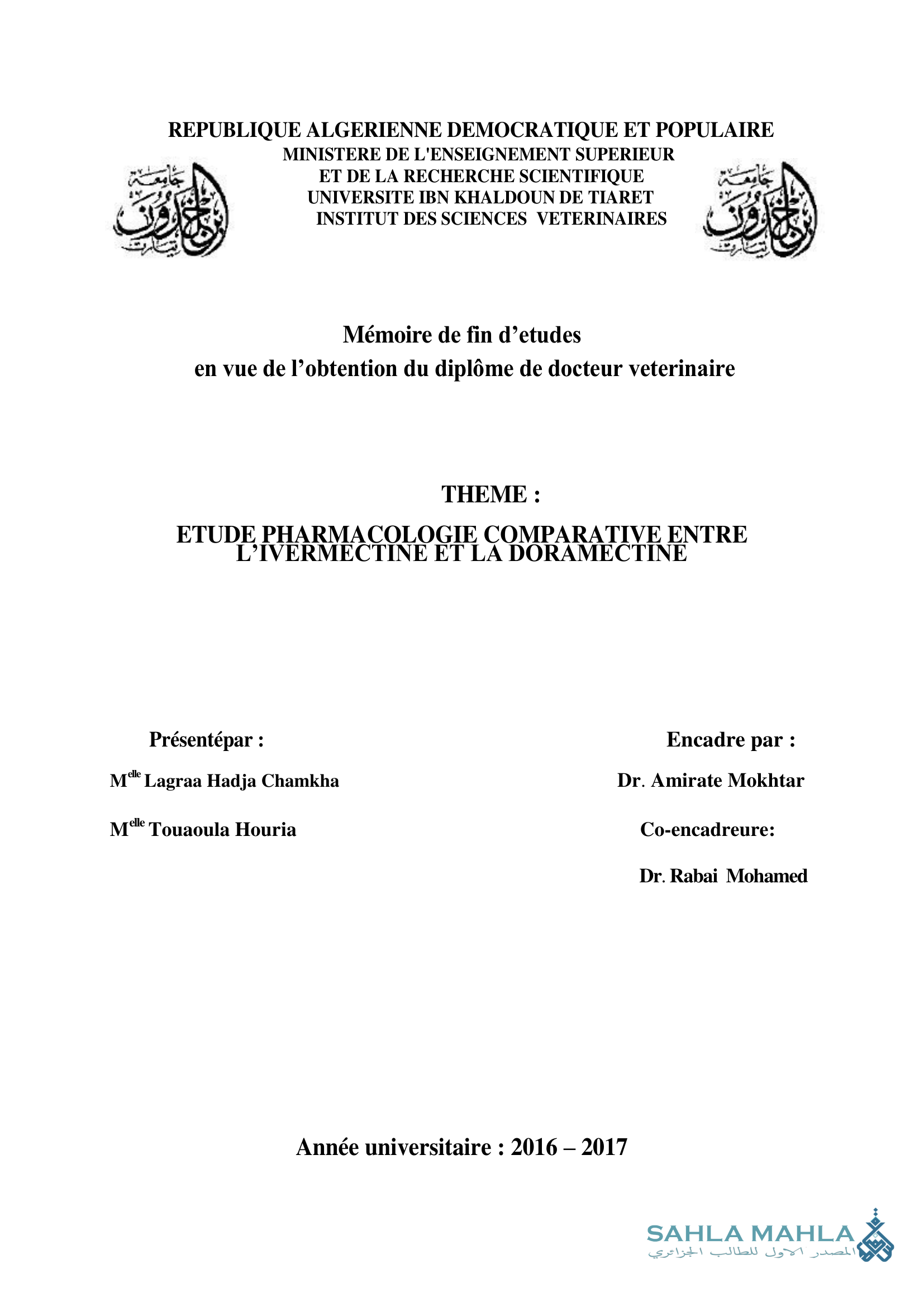 ETUDE PHARMACOLOGIE COMPARATIVE ENTRE L'IVERMECTINE ET LA DORAMECTINE