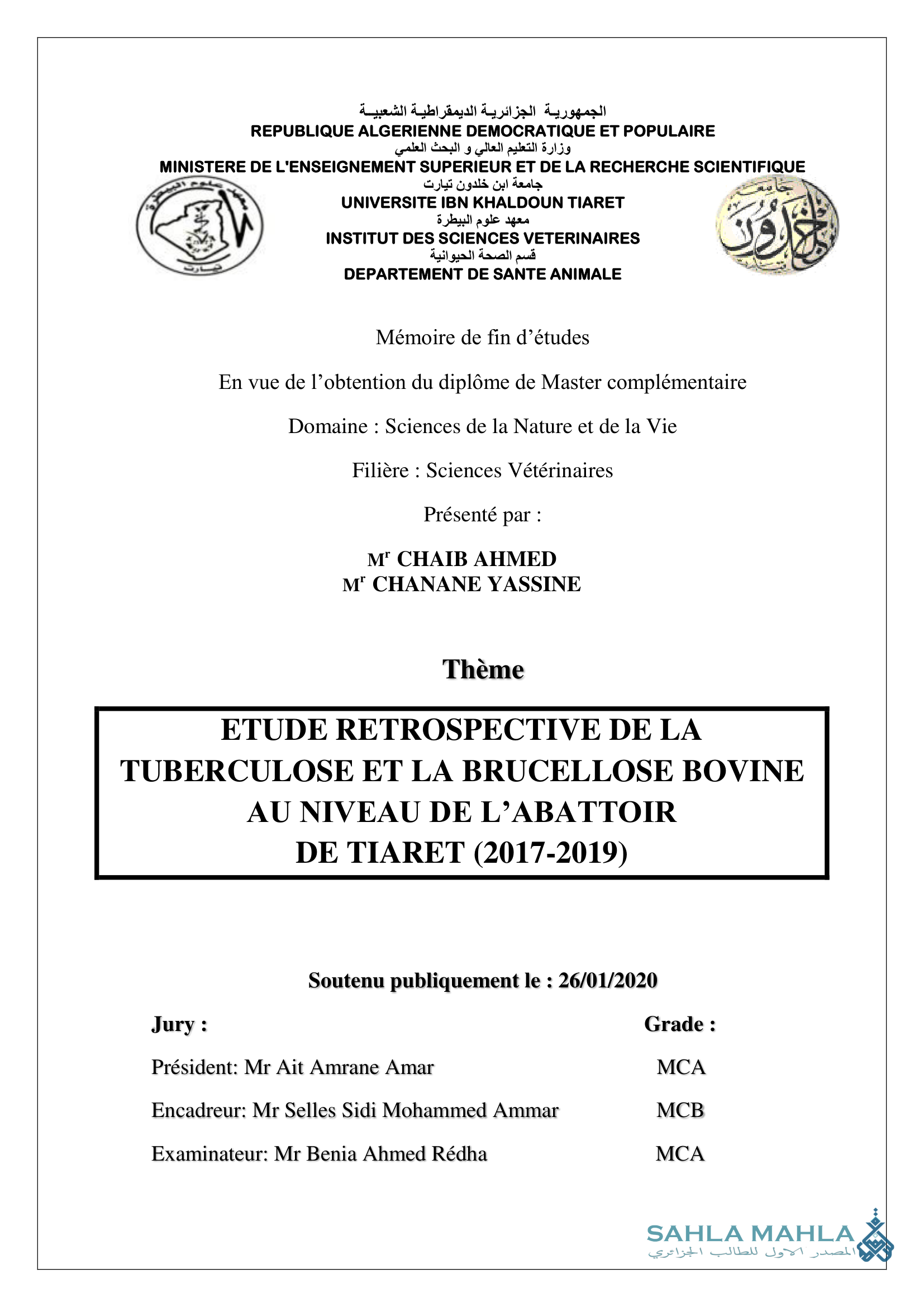 ETUDE RETROSPECTIVE DE LA TUBERCULOSE ET LA BRUCELLOSE BOVINE AU NIVEAU DE L'ABATTOIR DE TIARET (2017-2019)