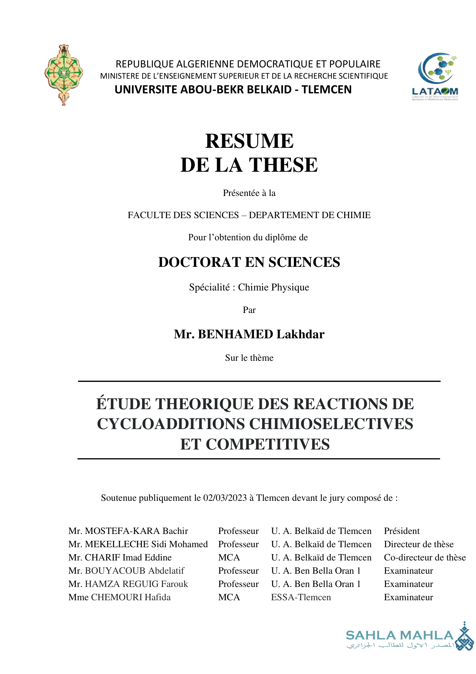 ÉTUDE THEORIQUE DES REACTIONS DE CYCLOADDITIONS CHIMIOSELECTIVES ET COMPETITIVES