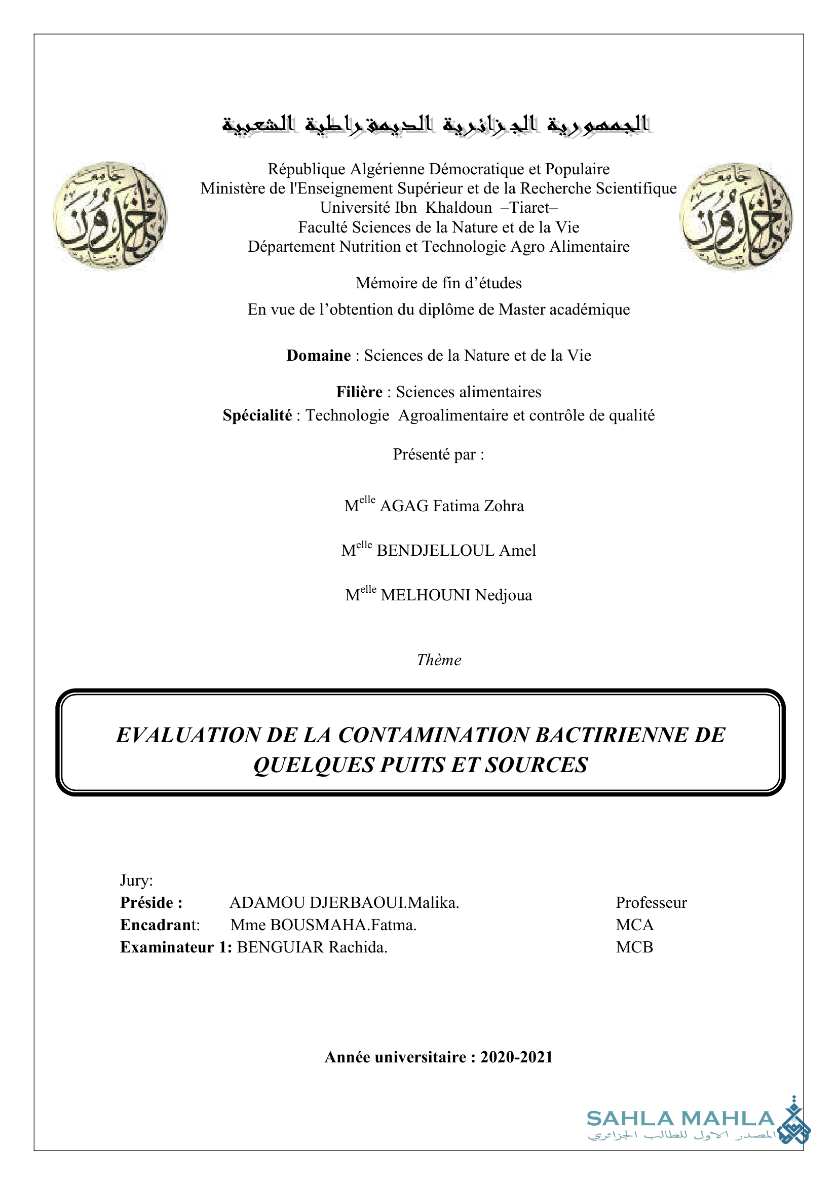 EVALUATION DE LA CONTAMINATION BACTERIENNE DE QUELQUES PUITS ET SOURCES