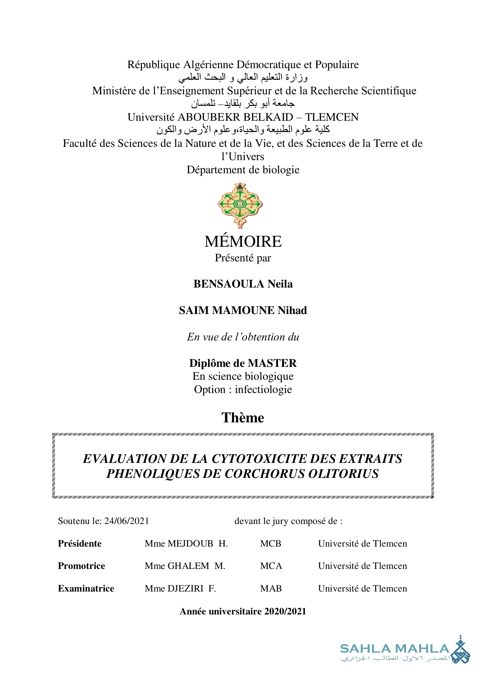 EVALUATION DE LA CYTOTOXICITE DES EXTRAITS PHENOLIQUES DE CORCHORUS OLITORIUS