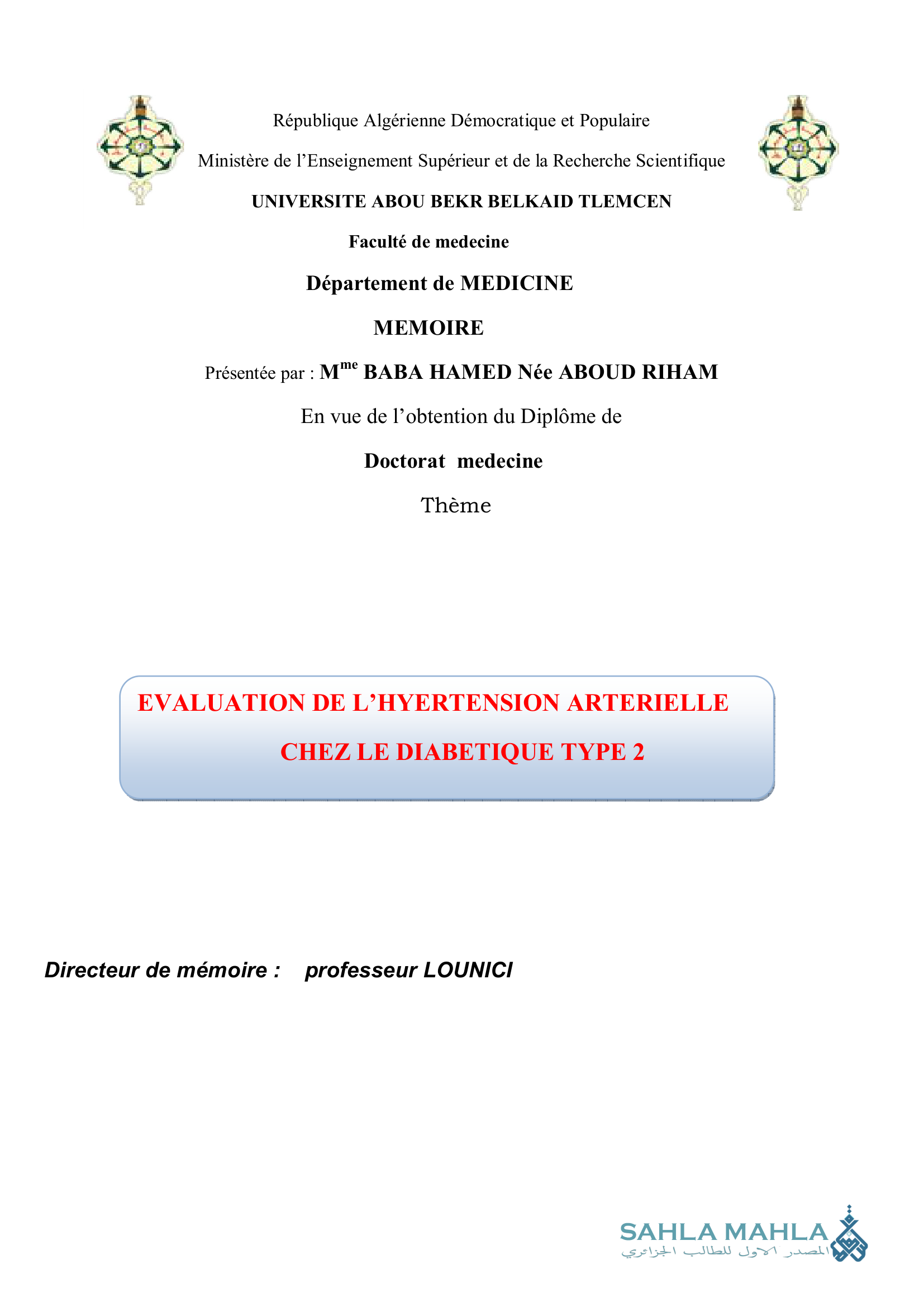 EVALUATION DE L'HYERTENSION ARTERIELLE CHEZ LE DIABETIQUE TYPE 2