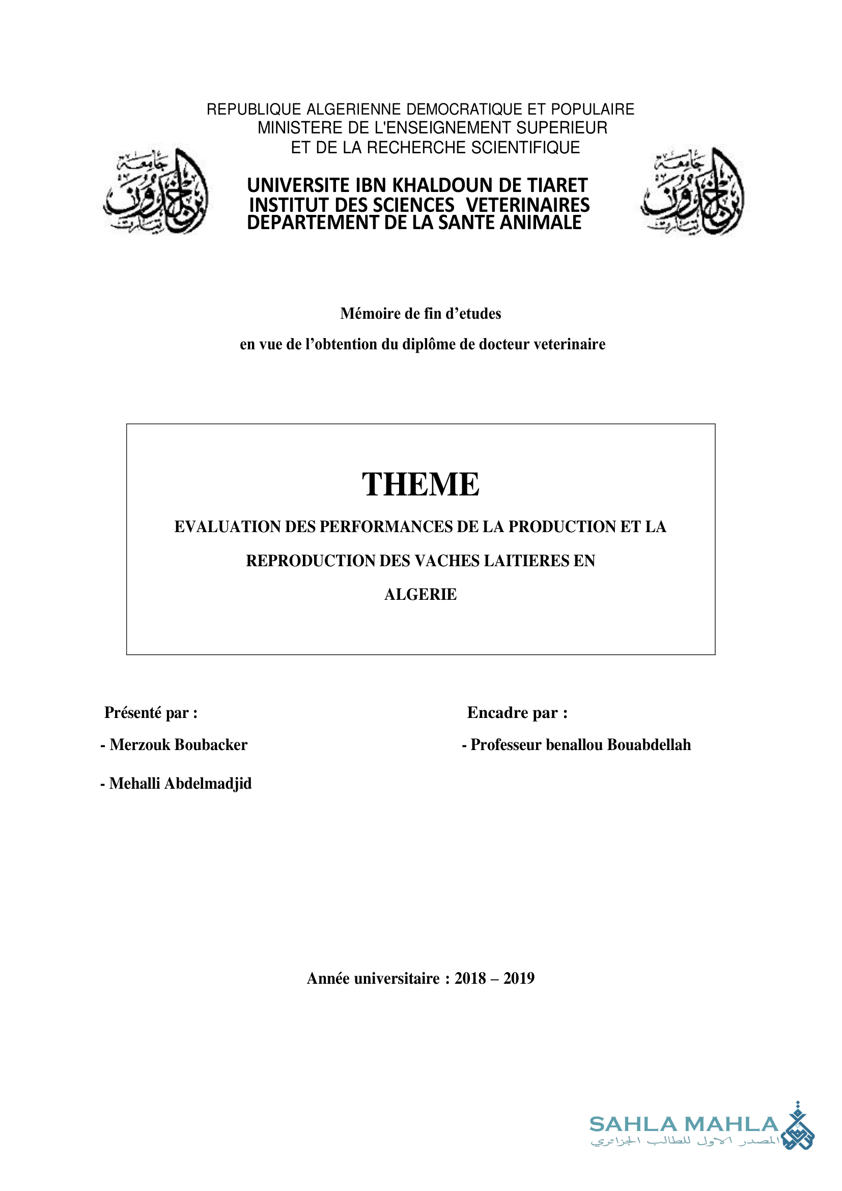 EVALUATION DES PERFORMANCES DE LA PRODUCTION ET LA REPRODUCTION DES VACHES LAITIERES EN ALGERIE