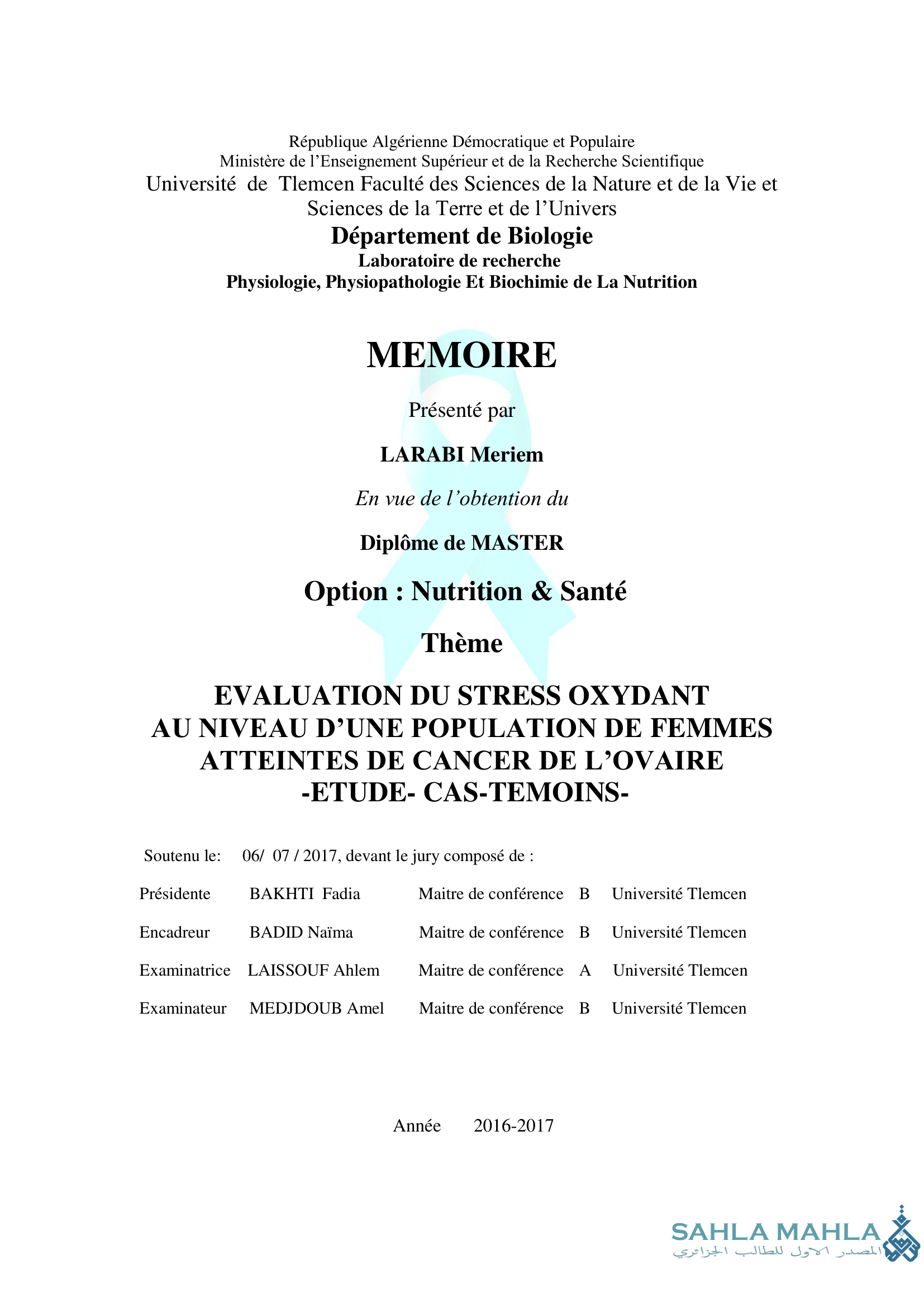 EVALUATION DU STRESS OXYDANT AU NIVEAU D'UNE POPULATION DE FEMMES ATTEINTES DE CANCER DE L'OVAIRE -ETUDE-CAS-TEMOINS-