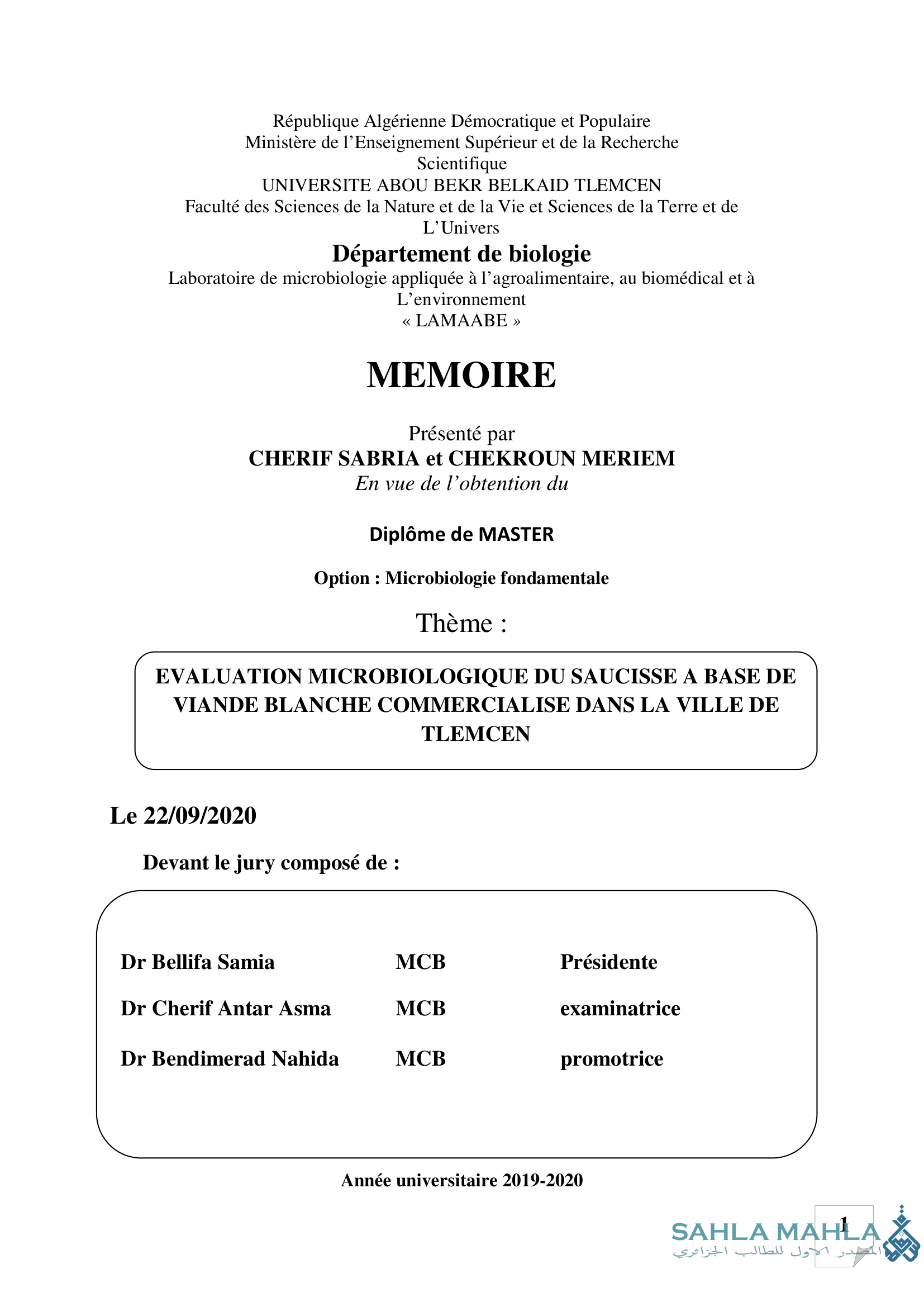 EVALUATION MICROBIOLOGIQUE DU SAUCISSE A BASE DE VIANDE BLANCHE COMMERCIALISE DANS LA VILLE DE TLEMCEN