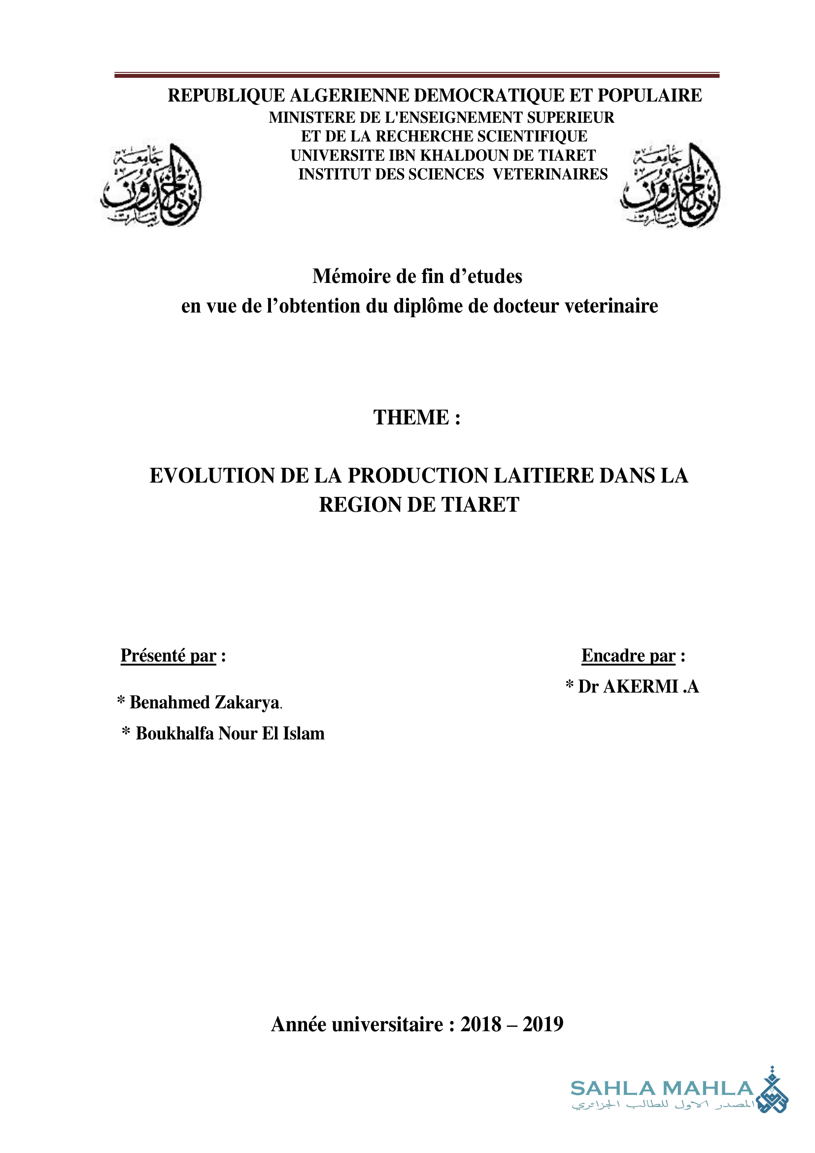 EVOLUTION DE LA PRODUCTION LAITIERE DANS LA REGION DE TIARET