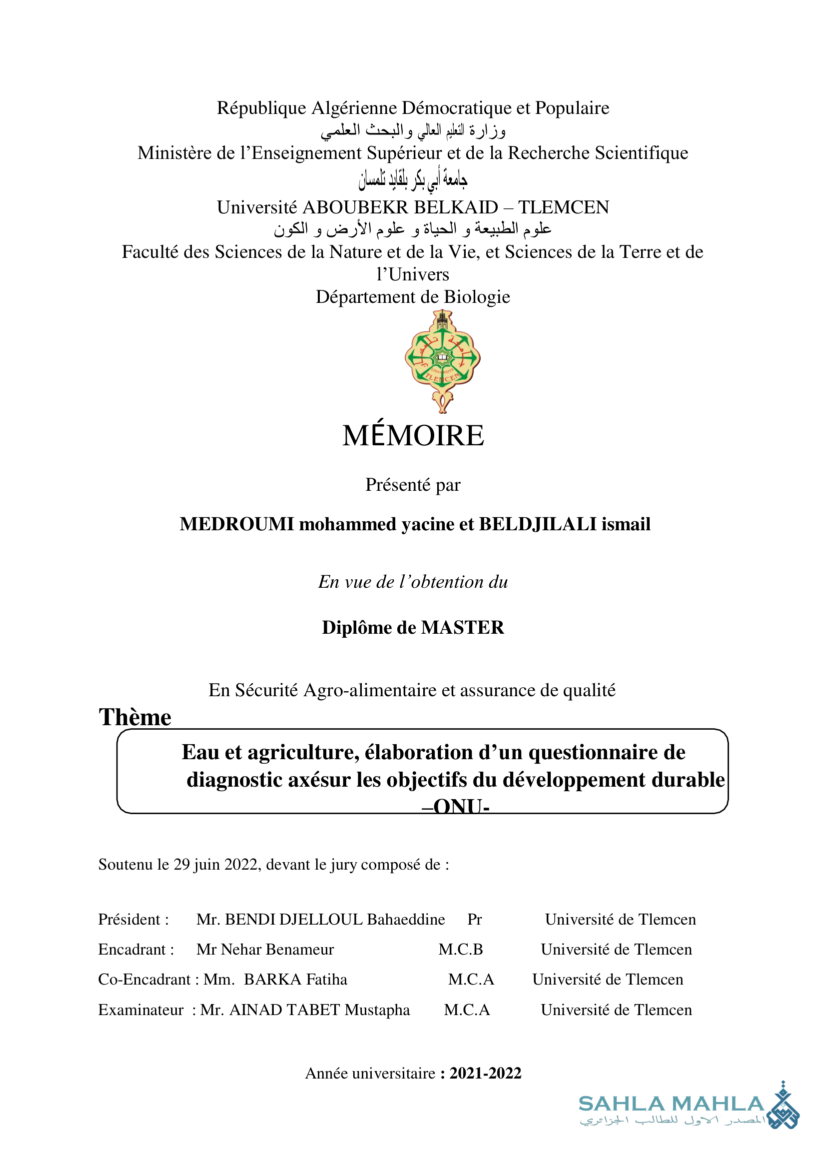 Eau et agriculture, élaboration d'un questionnaire de diagnostic axésur les objectifs du développement durable -ONU-