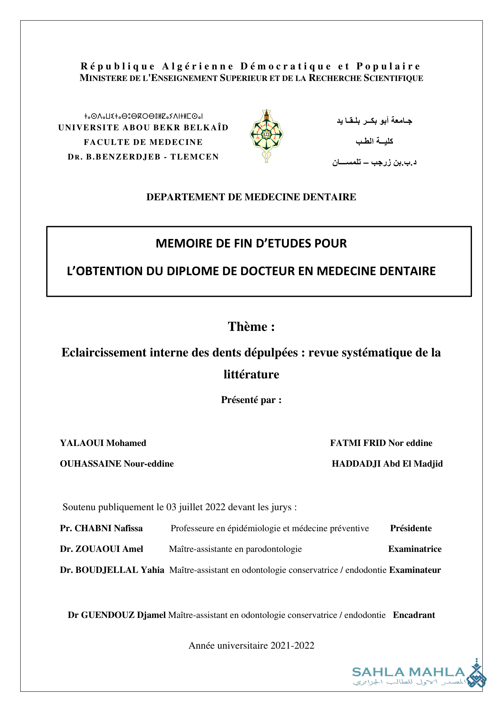 Eclaircissement interne des dents dépulpées : revue systématique de la littérature