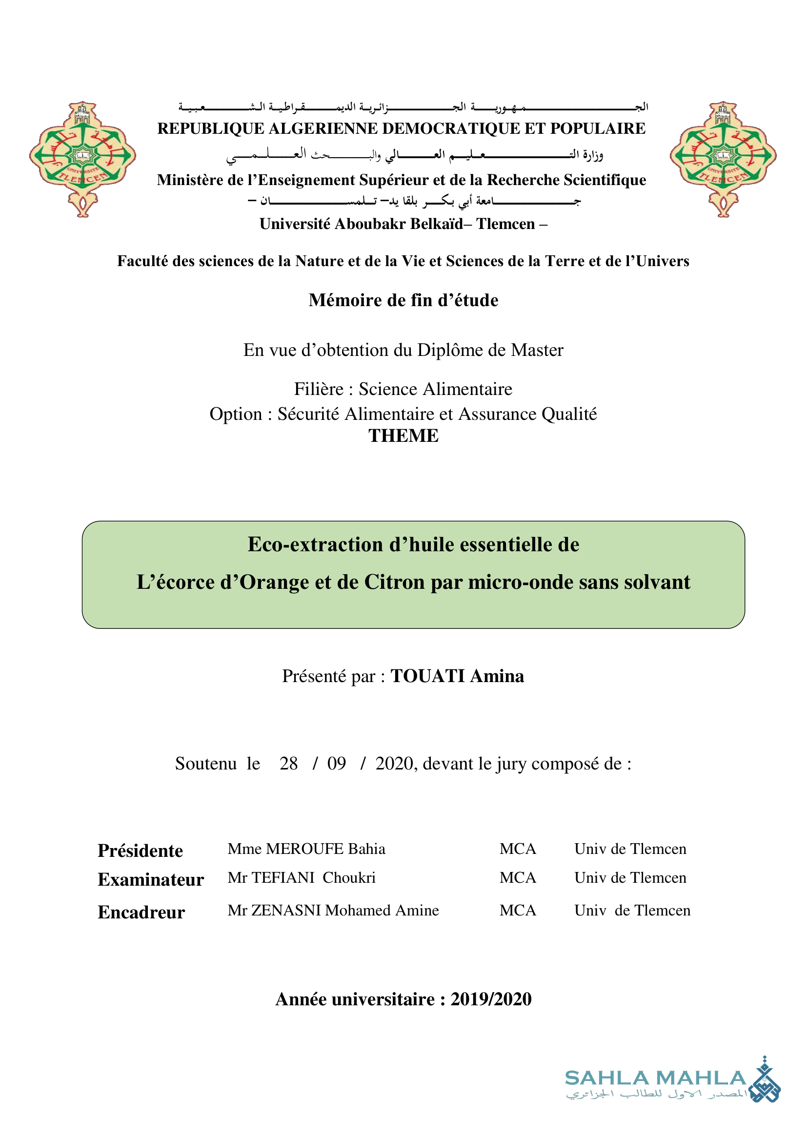 Eco-extraction d'huile essentielle de L'écorce d'Orange et de Citron par micro-onde sans solvant