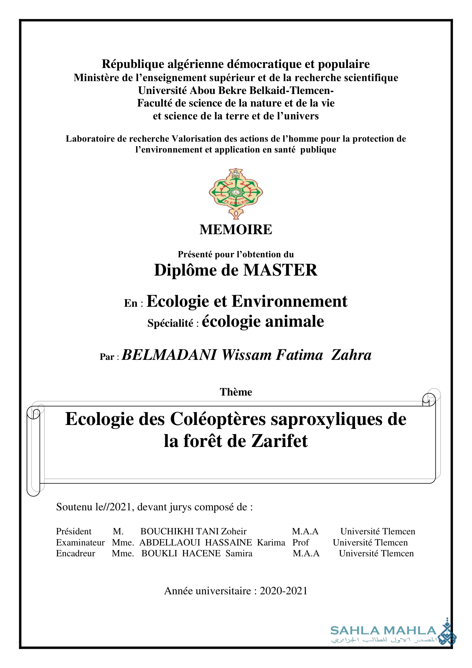 Ecologie des Coléoptères saproxyliques de la forêt de Zarifet