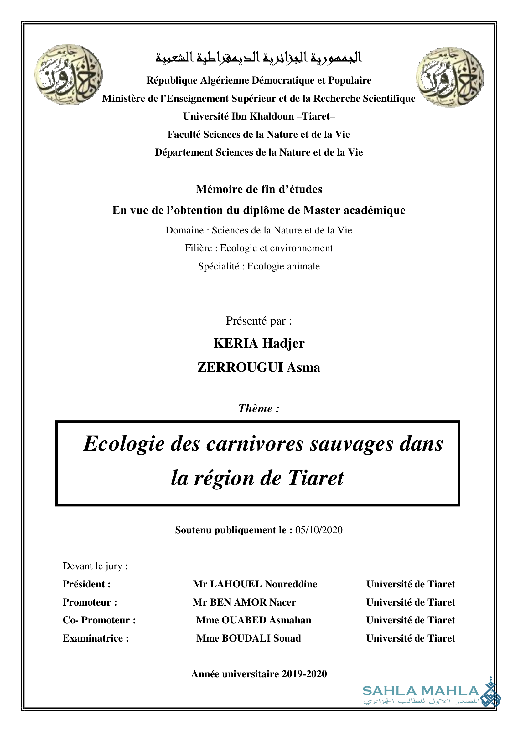 Ecologie des carnivores sauvages dans la région de Tiaret
