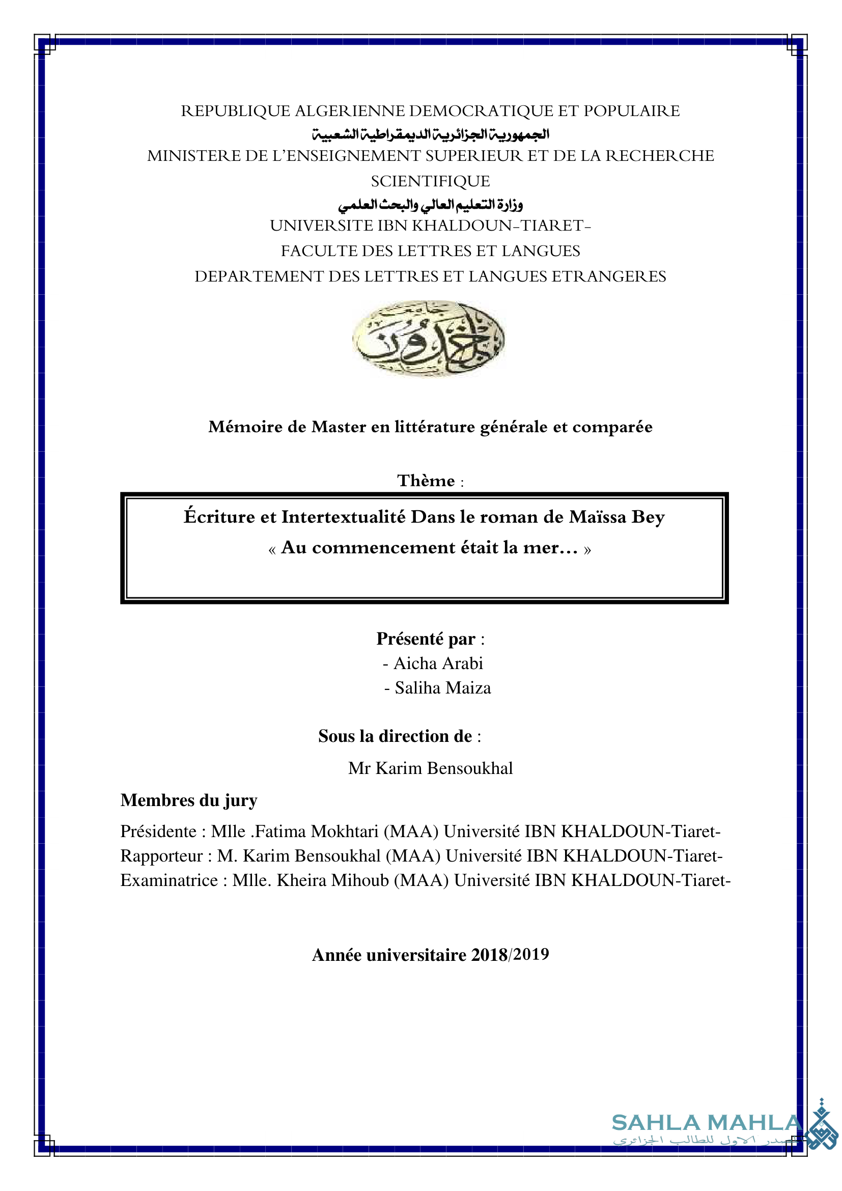 Écriture et Intertextualité Dans le roman de Maïssa Bey << Au commencement était la mer... ><noscript><img decoding=