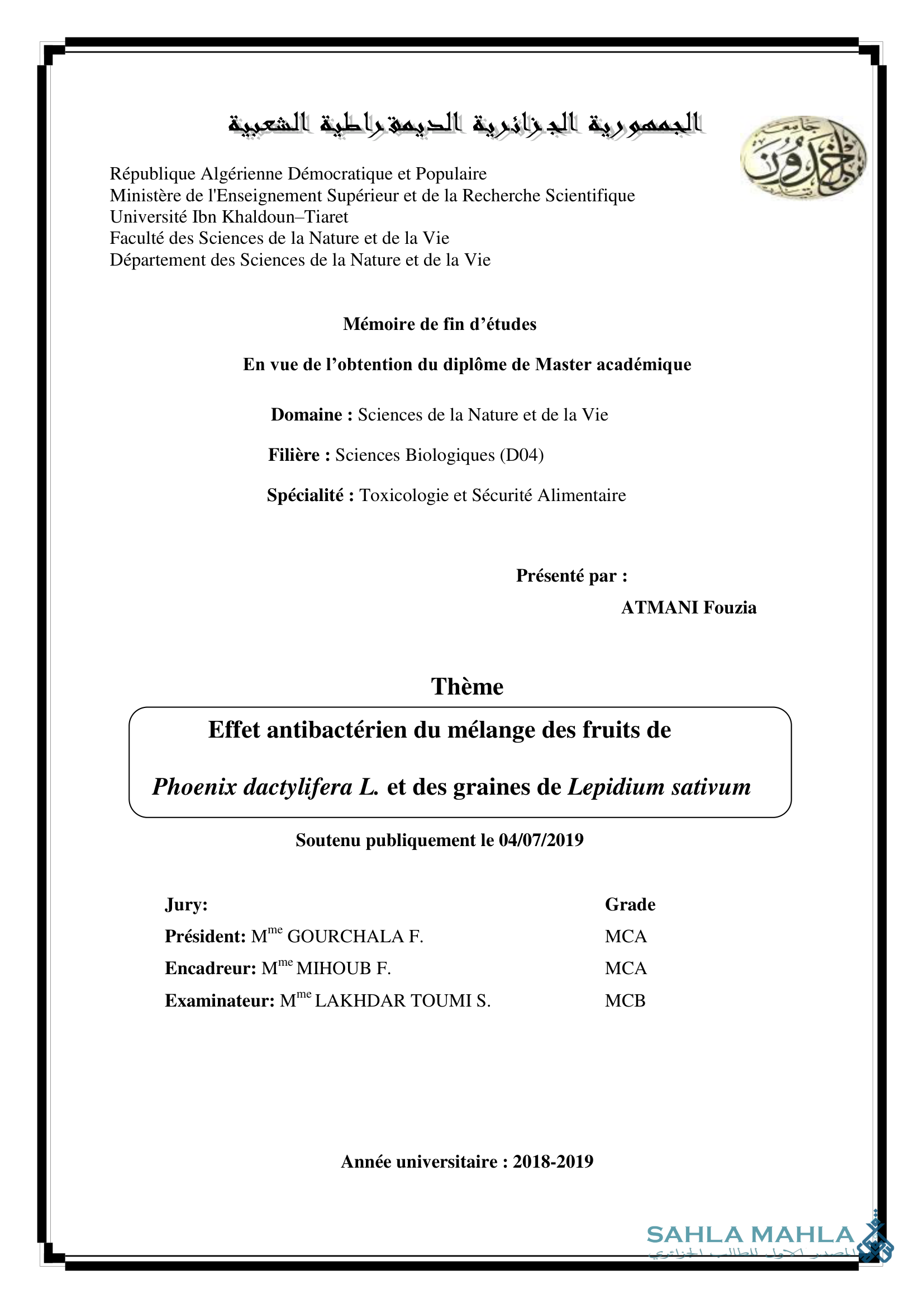 Effet antibactérien du mélange des fruits de Phoenix dactylifera L. et des graines de Lepidium sativum