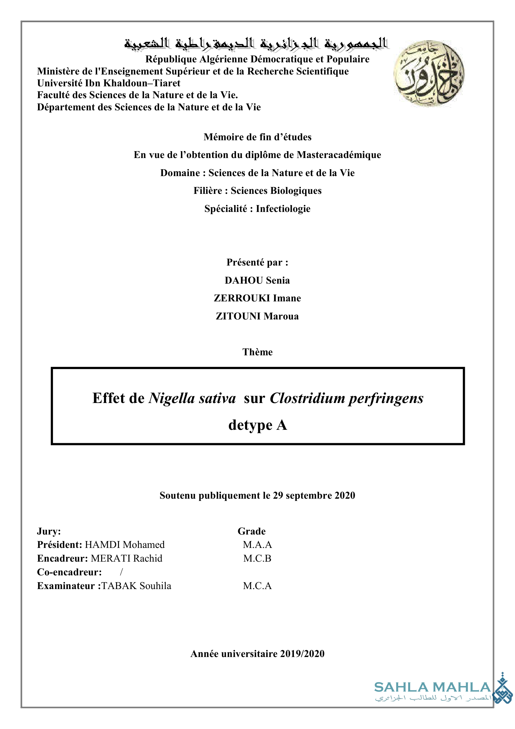 Effet de Nigella sativa sur Clostridium perfringens de type A