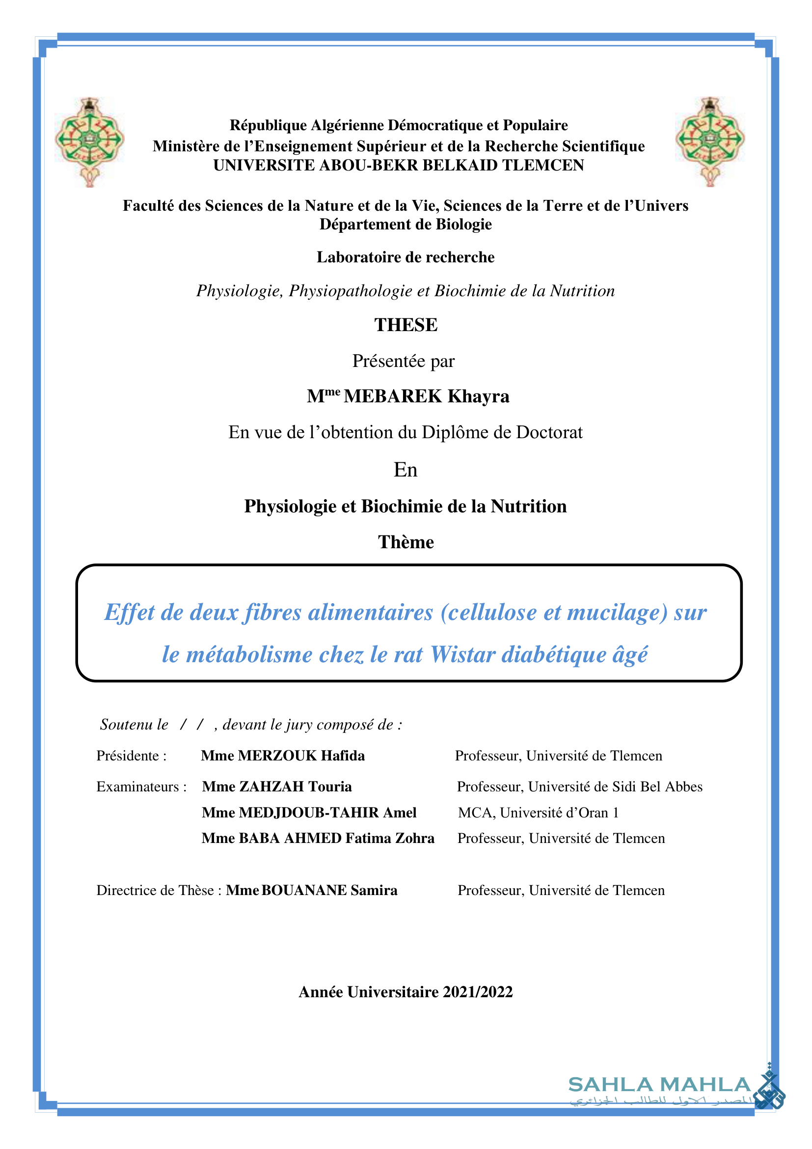 Effet de deux fibres alimentaires (cellulose et mucilage) sur le métabolisme chez le rat Wistar diabétique âgé