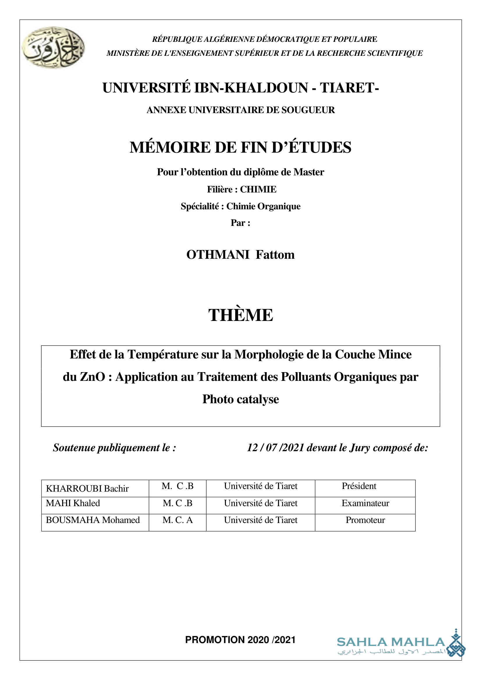 Effet de la Température sur la Morphologie de la Couche Mince du ZnO : Application au Traitement des Polluants Organiques par Photo catalyse