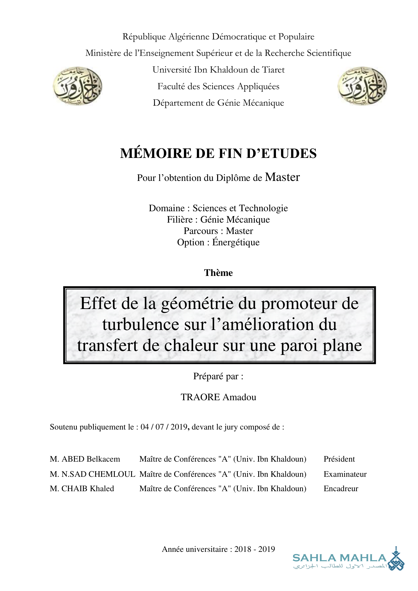 Effet de la géométrie du promoteur de turbulence sur l'amélioration du transfert de chaleur sur une paroi plane