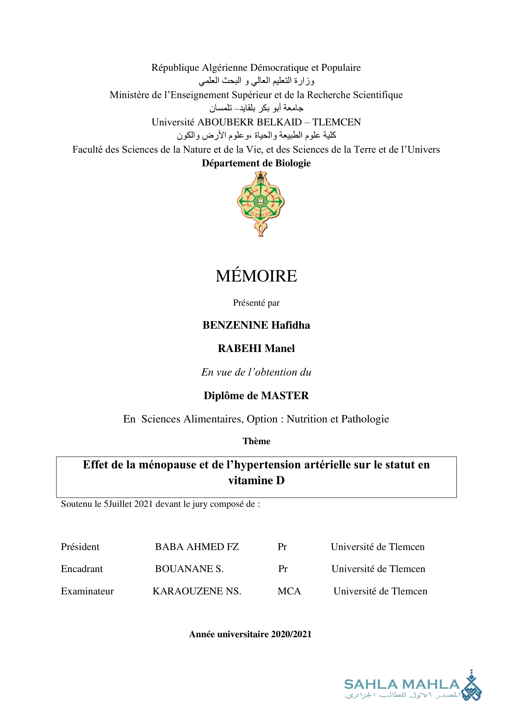 Effet de la ménopause et de l'hypertension artérielle sur le statut en vitamine D