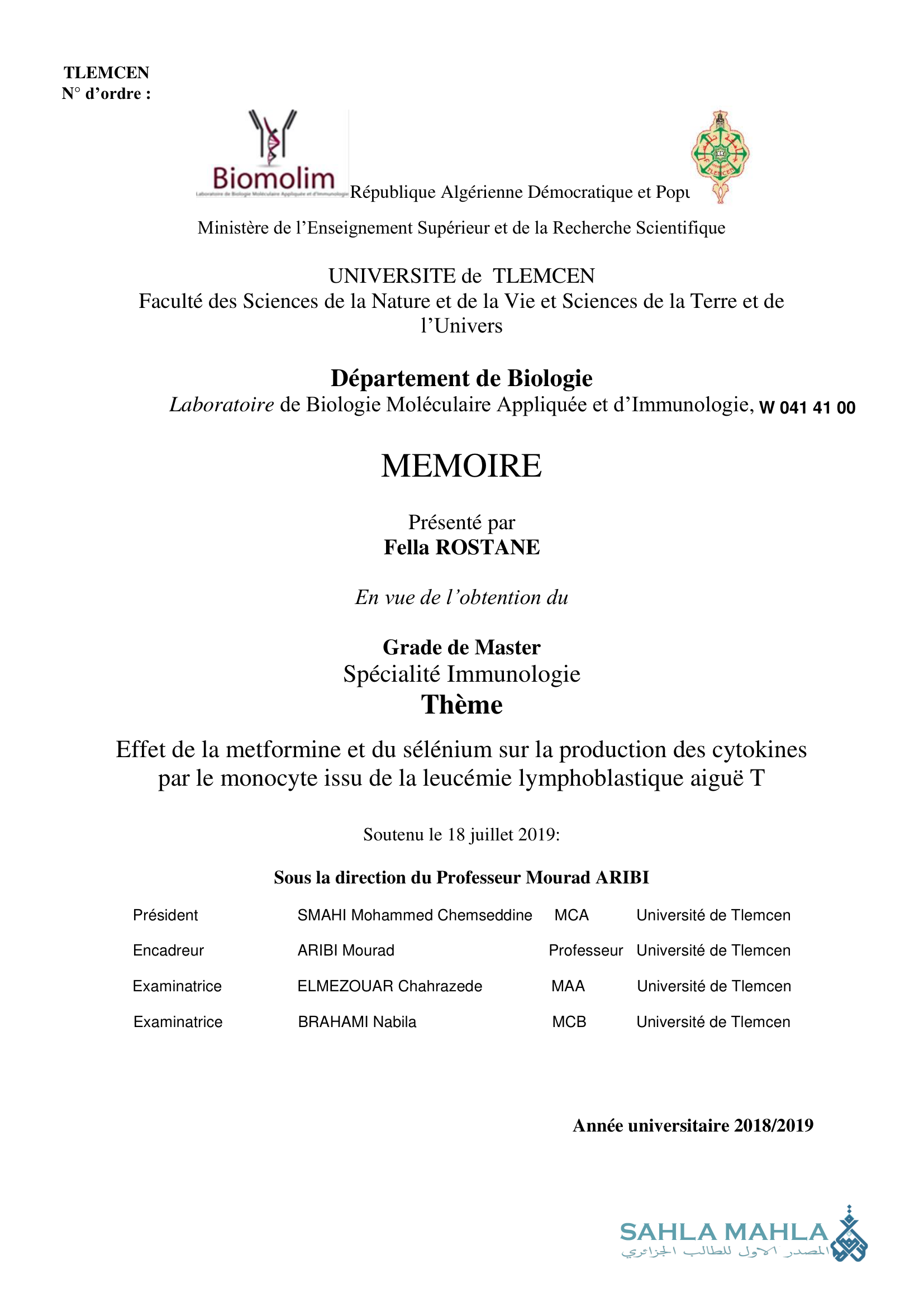 Effet de la metformine et du sélénium sur la production des cytokines par le monocyte issu de la leucémie lymphoblastique aiguë T