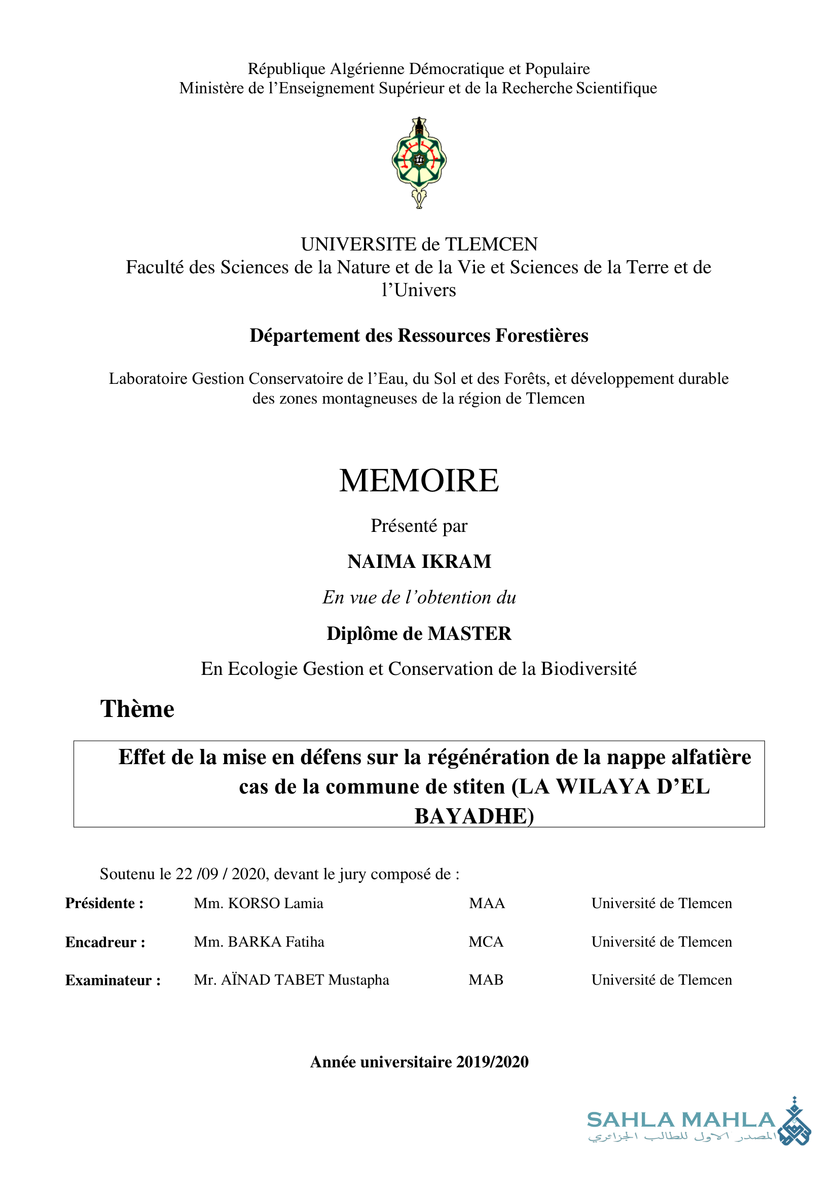 Effet de la mise en défens sur la régénération de la nappe alfatière cas de la commune de stiten (LA WILAYA D'EL BAYADHE)