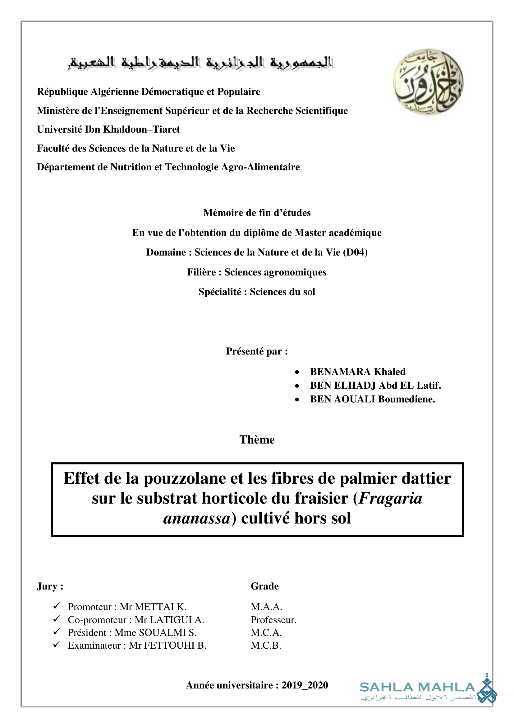 Effet de la pouzzolane et les fibres de palmier dattier sur le substrat horticole du fraisier (Fragaria ananassa) cultivé hors sol