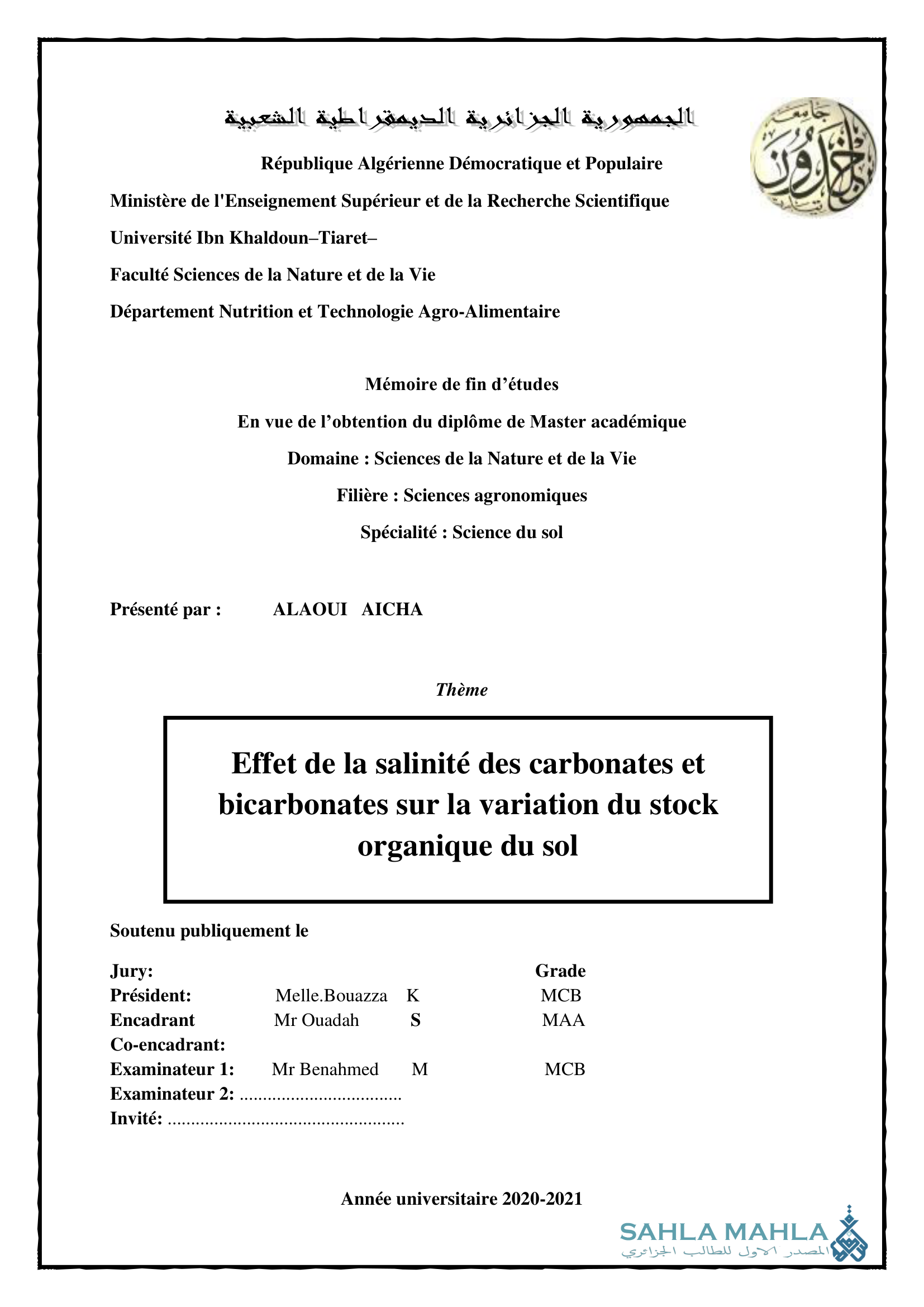 Effet de la salinité des carbonates et bicarbonates sur la variation du stock organique du sol